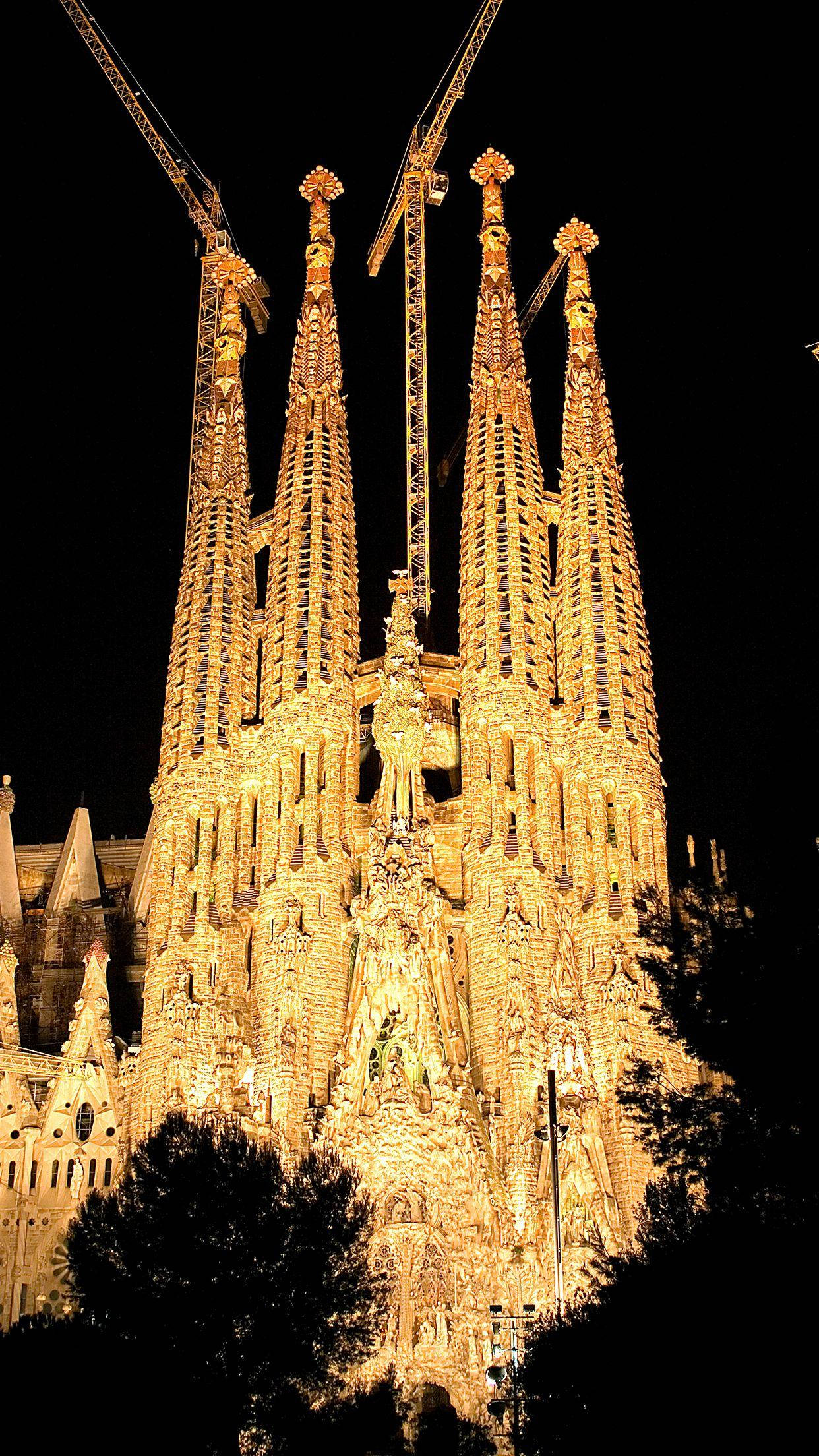 Sagrada Familia, night, illuminated cathedral facade, Full HD Phone Wallpaper