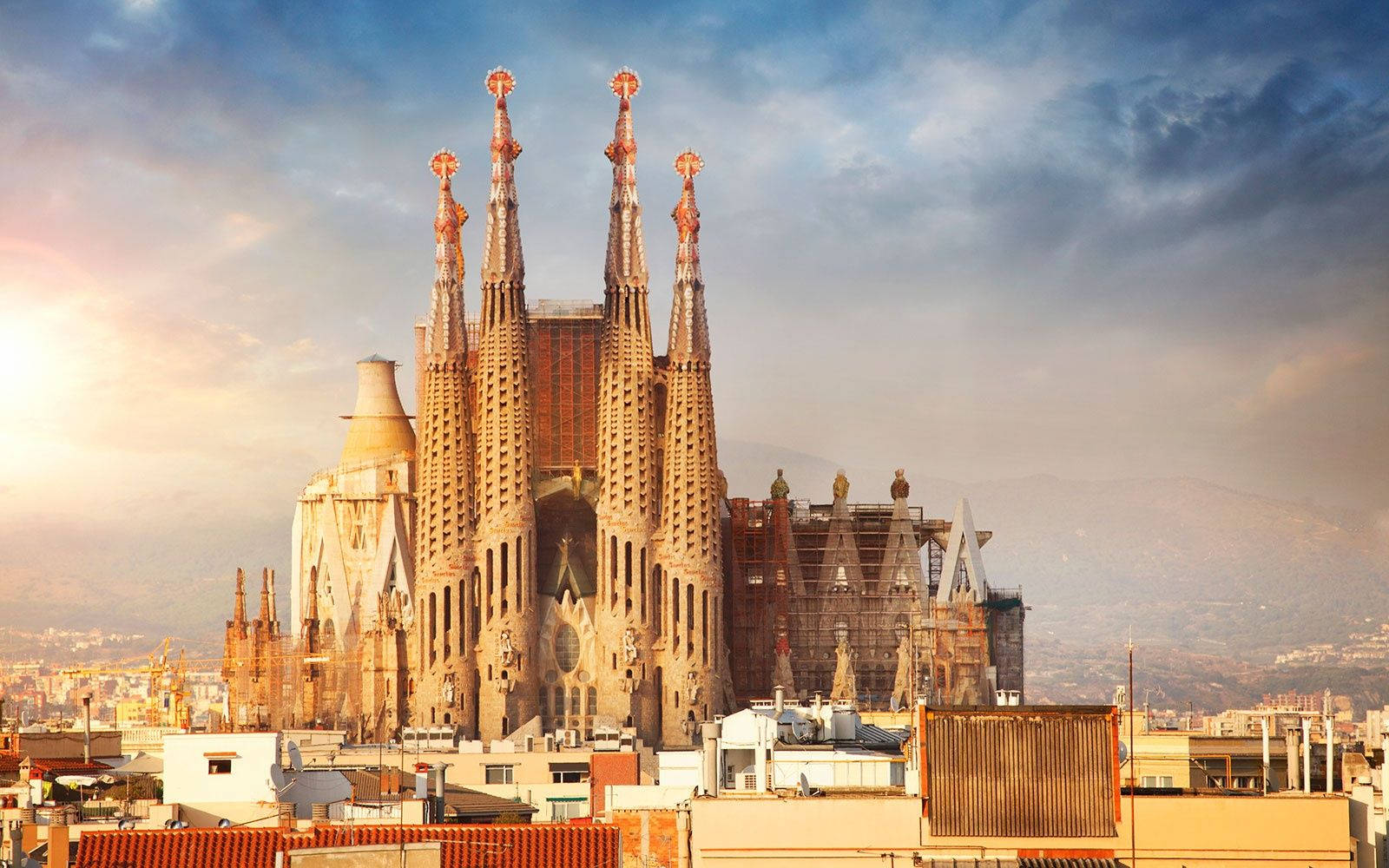 Sagrada Familia, orange evening sky, golden sunset sky, HD Desktop Wallpaper