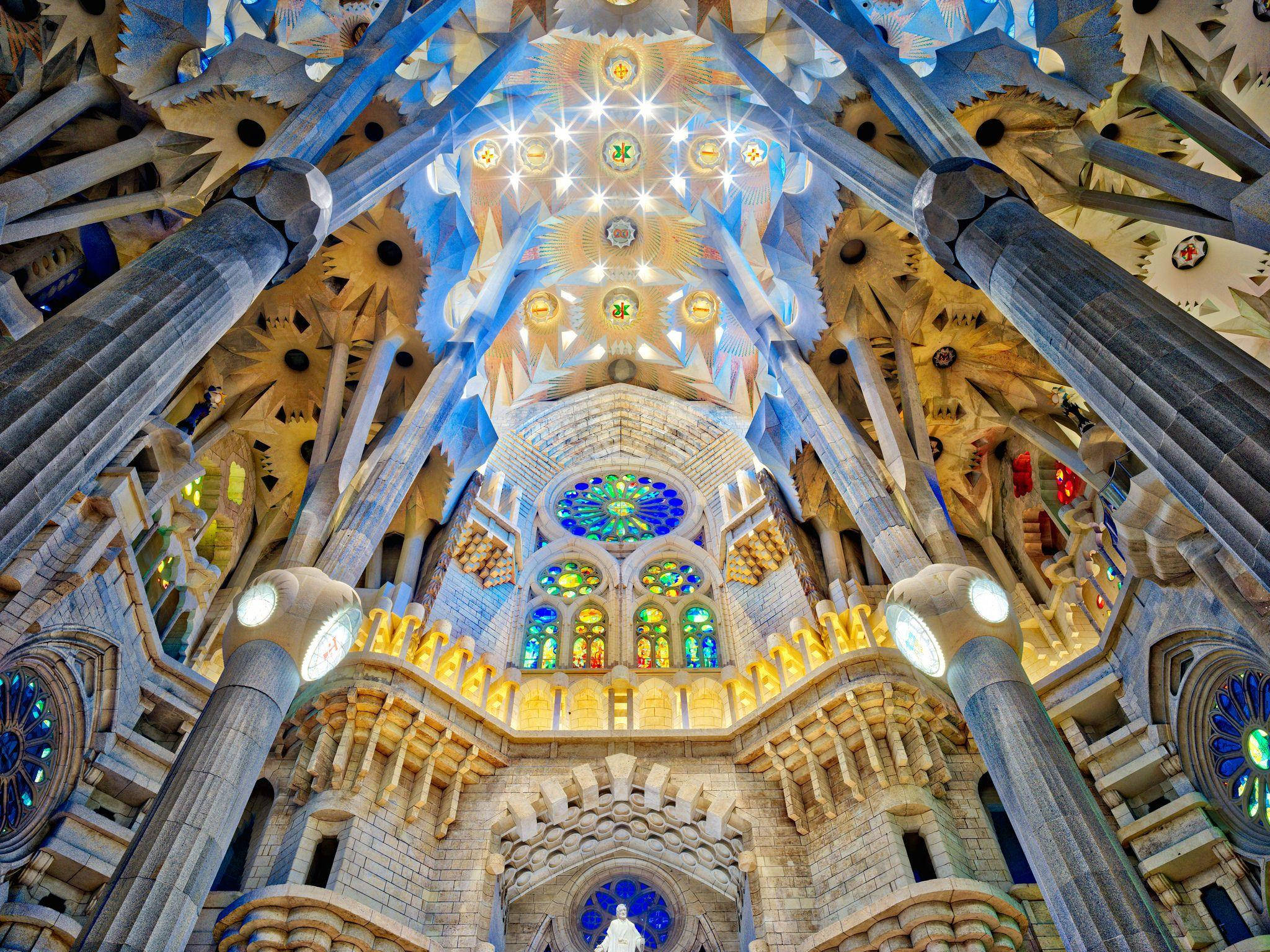 Sagrada Familia, blue ceiling, soaring columns, Full HD Desktop Wallpaper