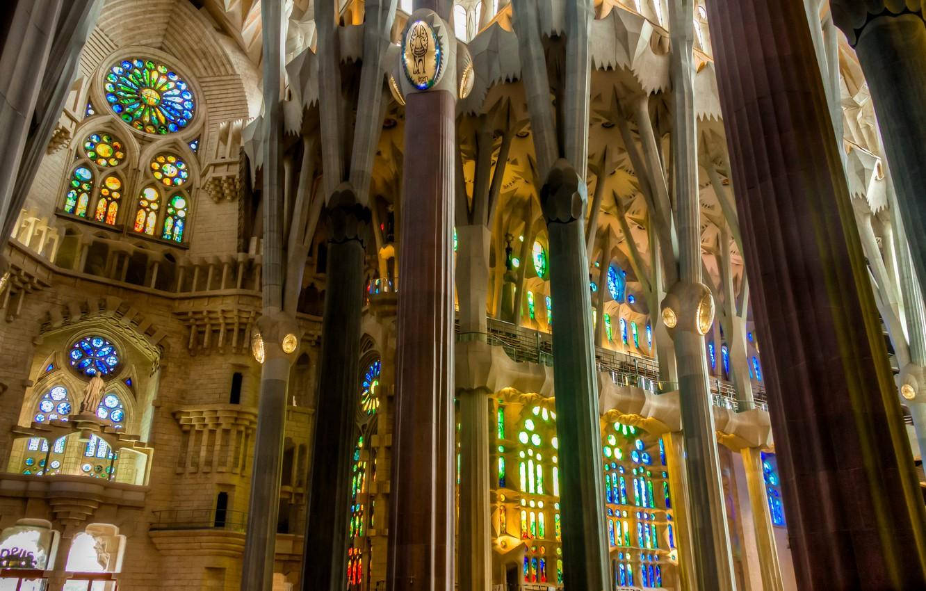 Sagrada Familia, stained glass windows, cathedral interior, HD Desktop Wallpaper
