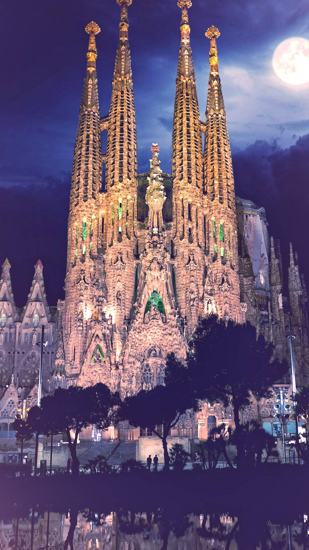 Sagrada Familia, moon, night, Full HD Phone Wallpaper
