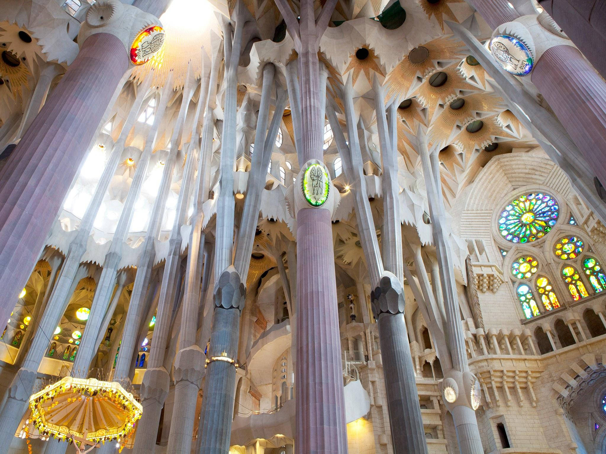 Sagrada Familia, organic columns, stained glass windows, Full HD Desktop Wallpaper