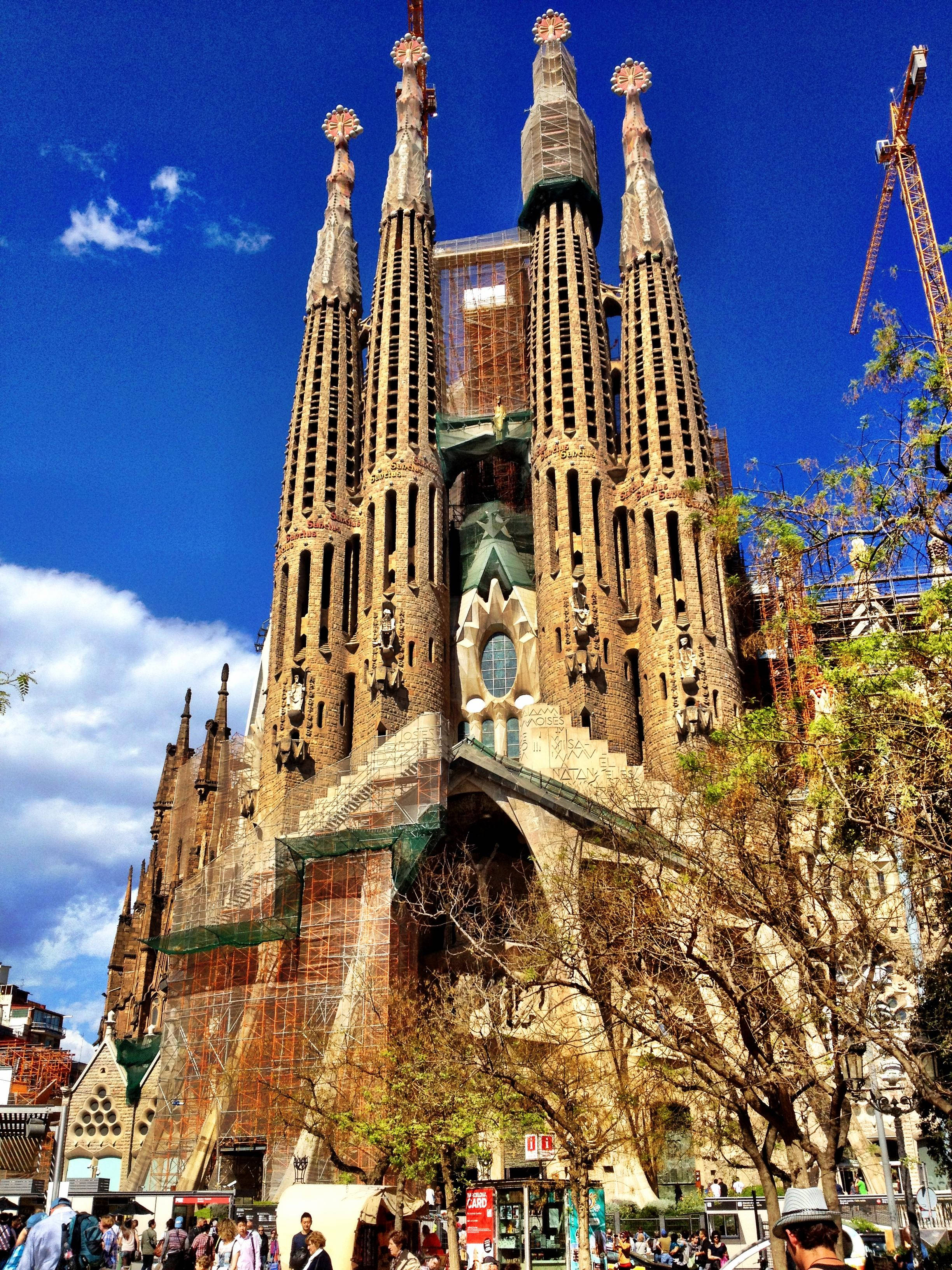 Sagrada Familia, cathedral towers, bright blue sky, 2K Phone Wallpaper