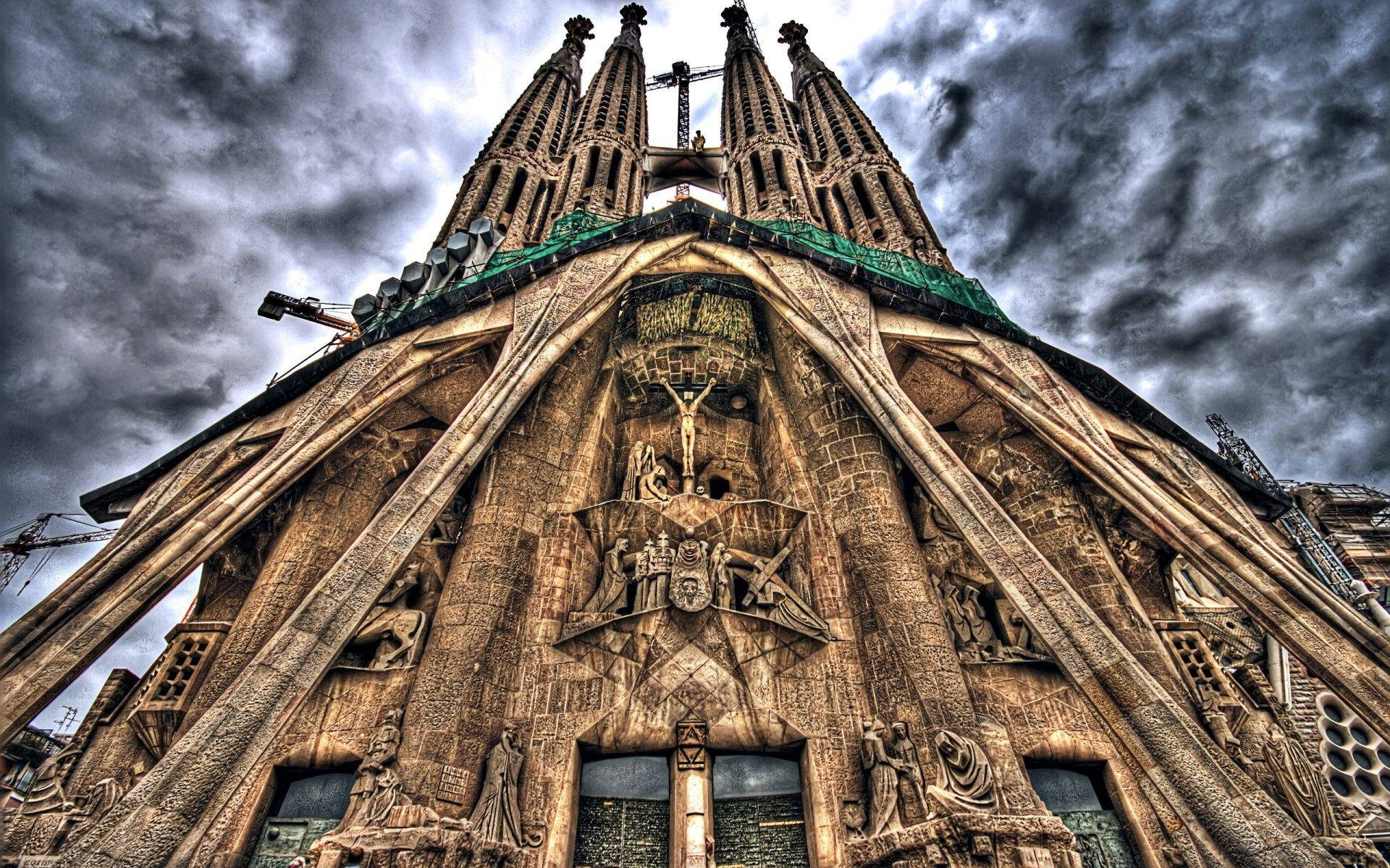 Sagrada Familia, ornate facade, stormy sky, Full HD Desktop Wallpaper