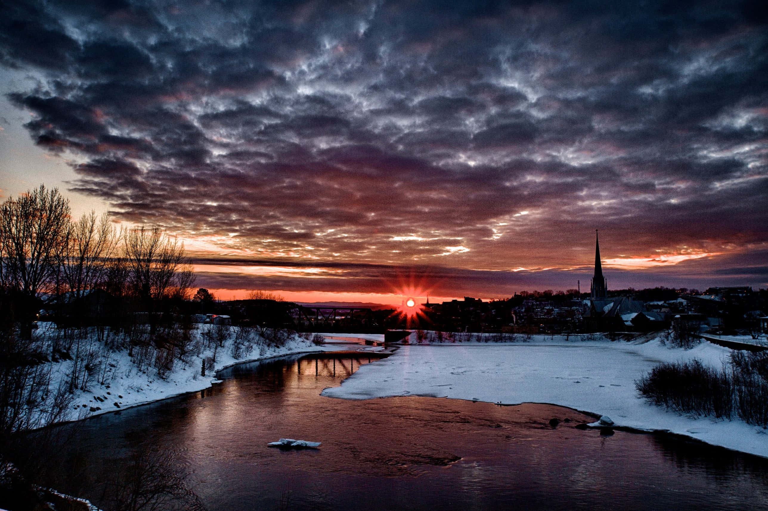 Saguenay, winter sunset, frozen river, 2K Desktop Wallpaper