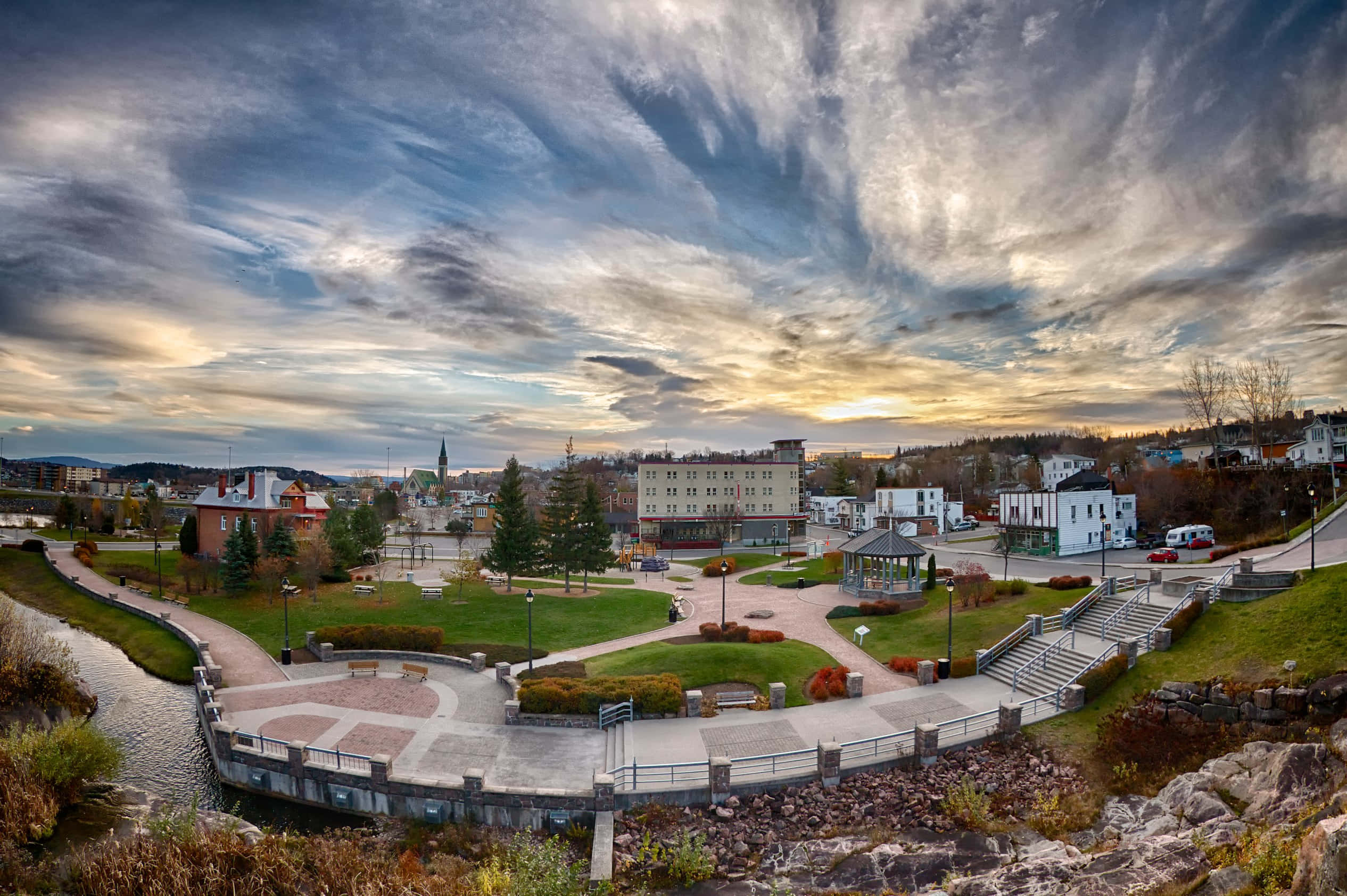 Saguenay, town square, sunset, Full HD Desktop Wallpaper