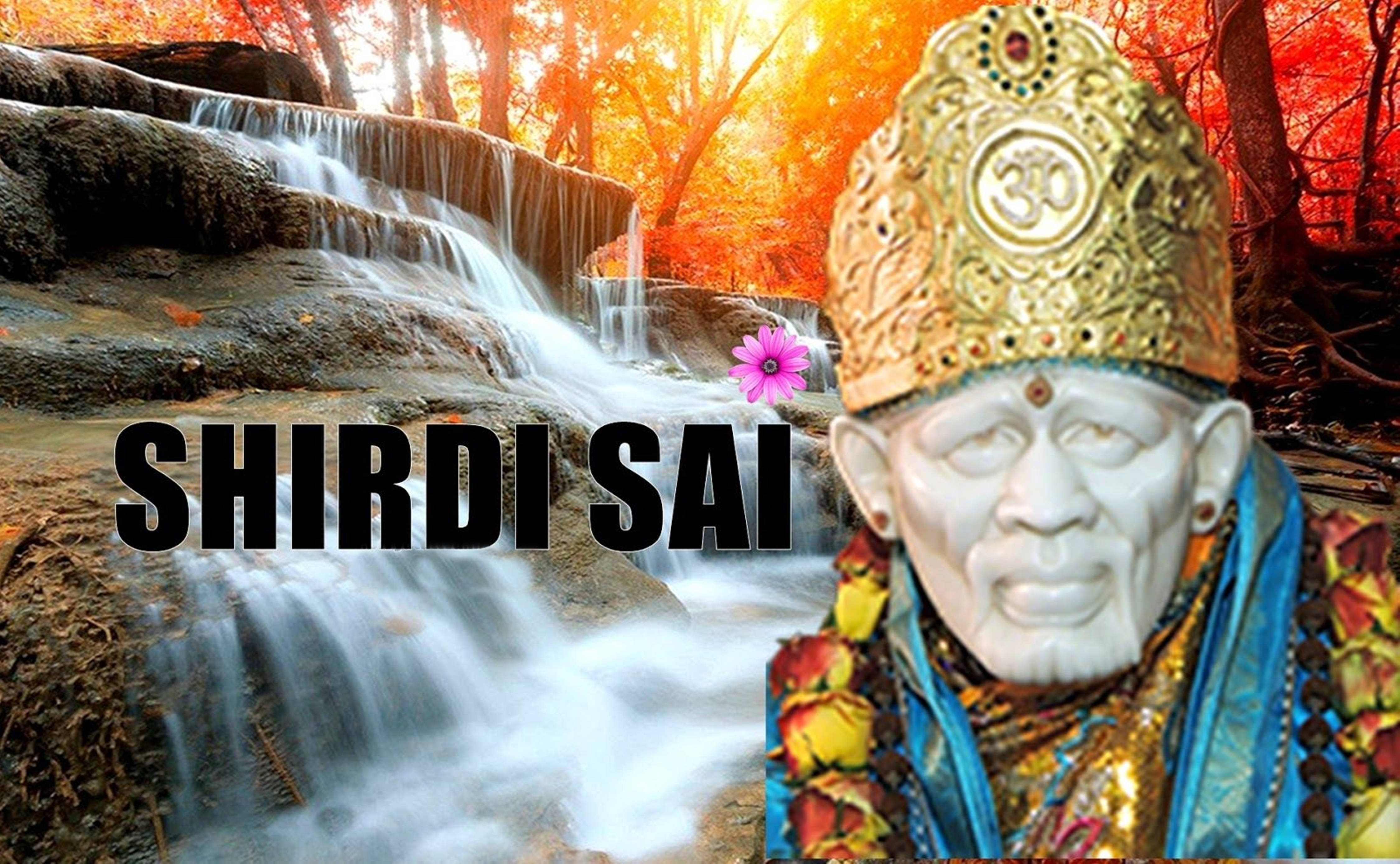 Sai Baba, flowing falls, golden-crowned statue, 4K Desktop Wallpaper