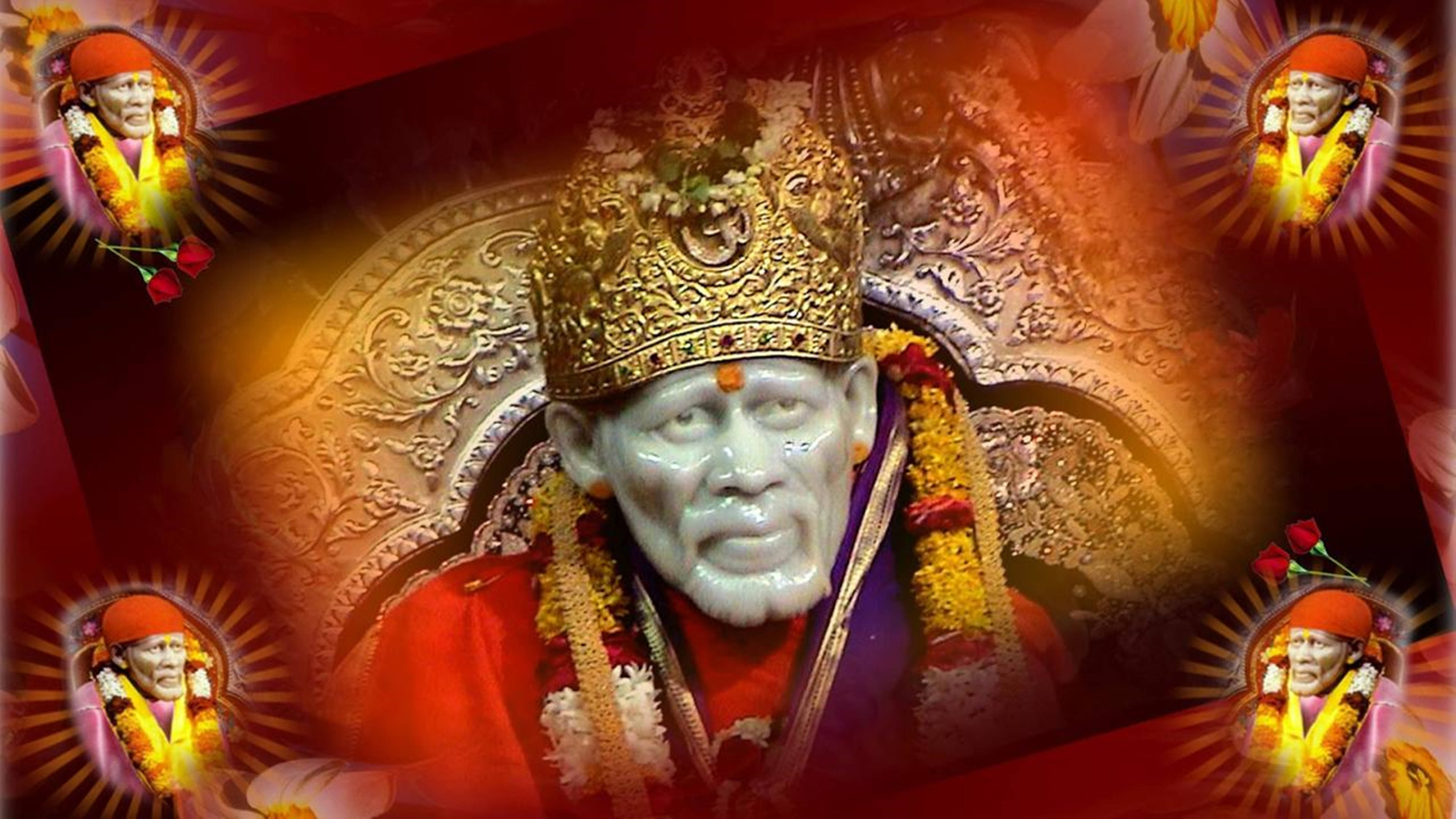 Sai Baba, golden crown, floral garlands, 4K Desktop Wallpaper