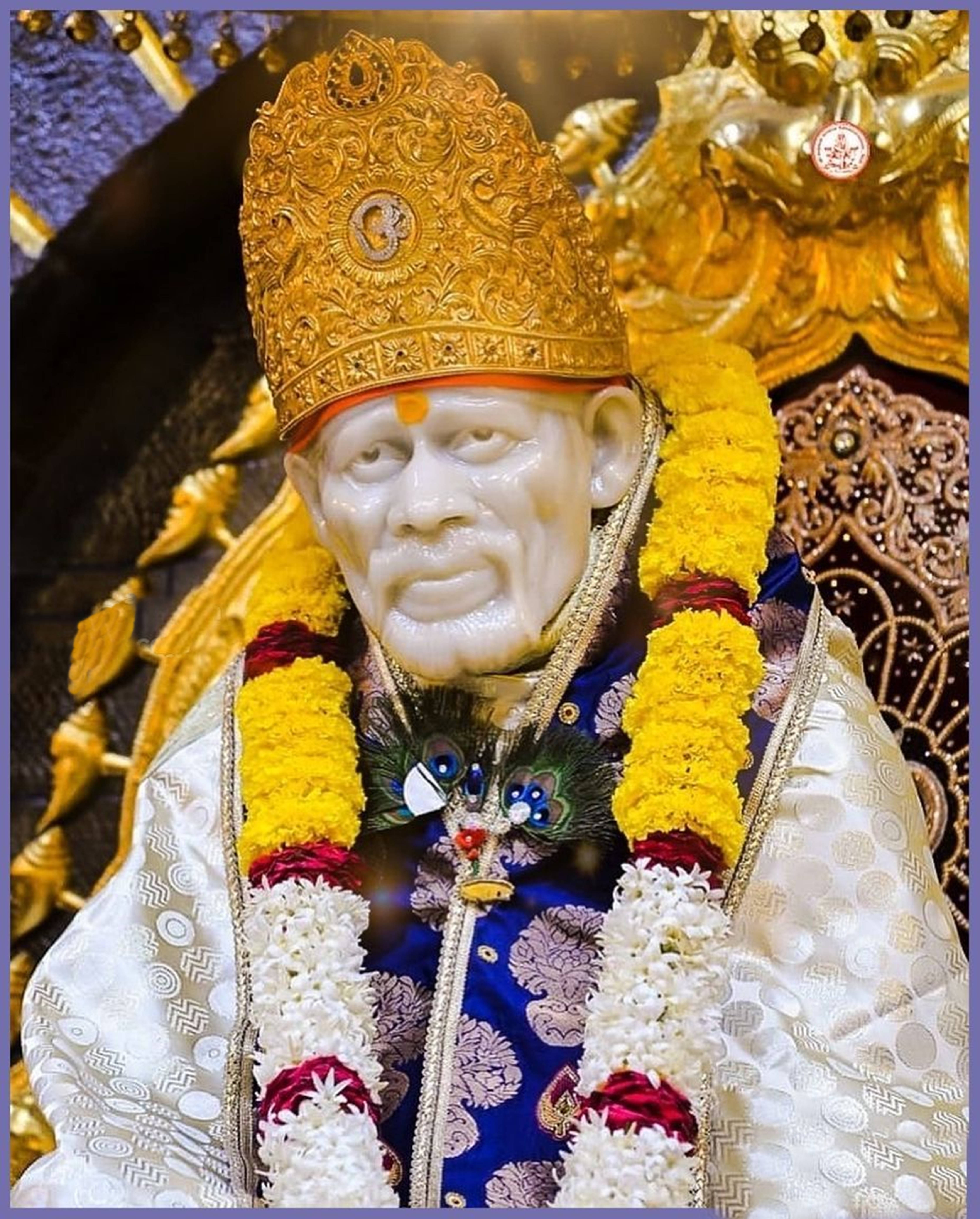 Sai Baba, white marble statue, golden crown, 5K Phone Wallpaper