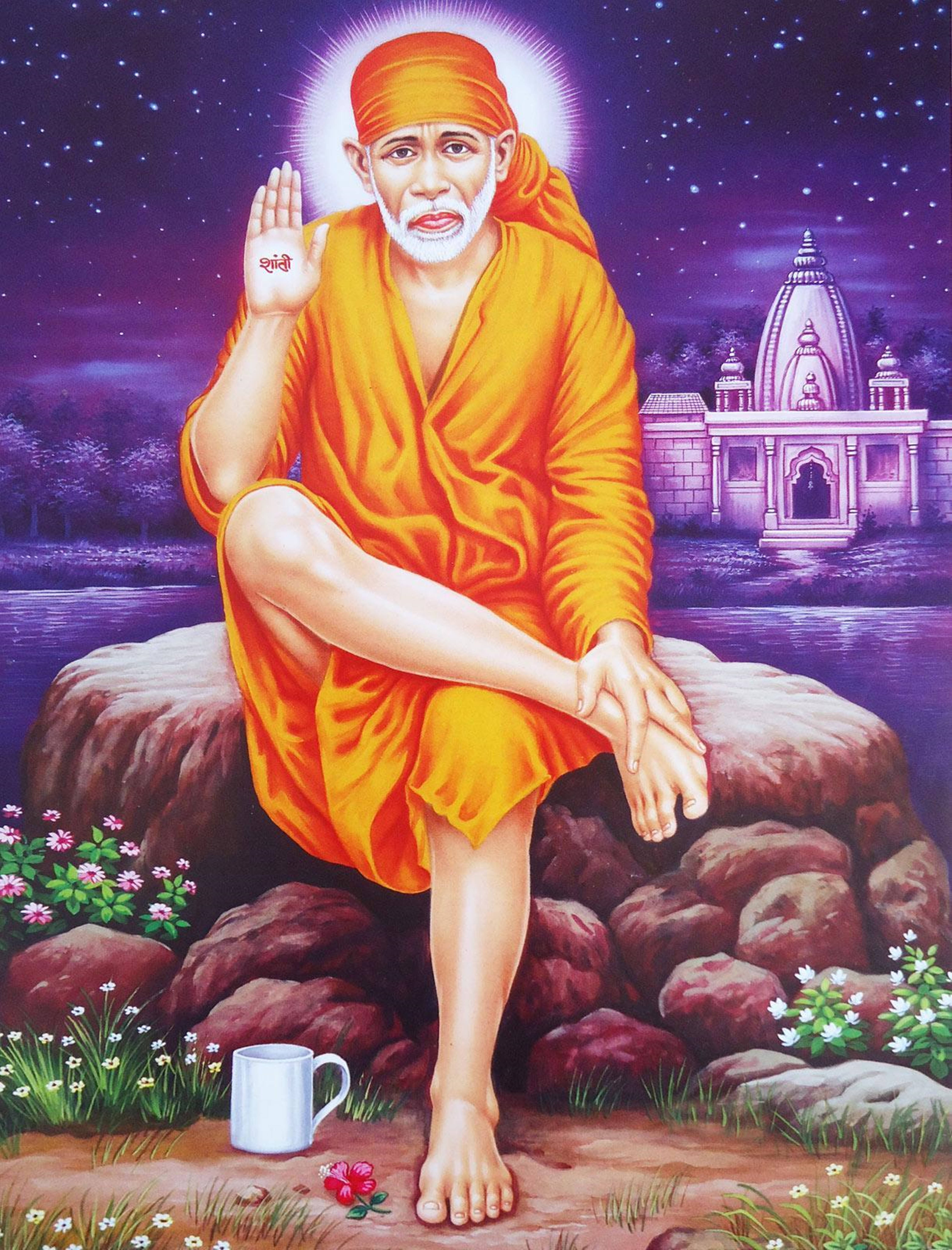 Sai Baba, orange robes, rock by water, 5K Phone Wallpaper