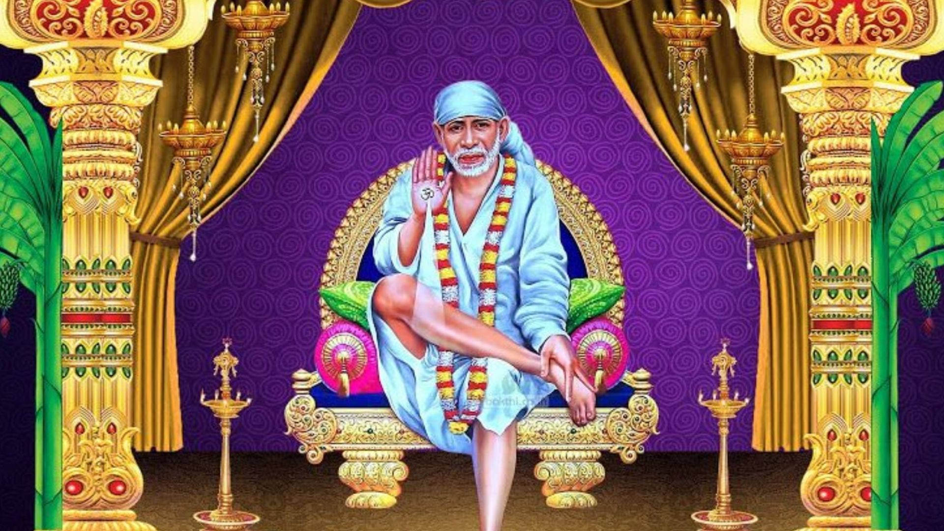 Sai Baba, blue robes, golden throne, Full HD Desktop Wallpaper