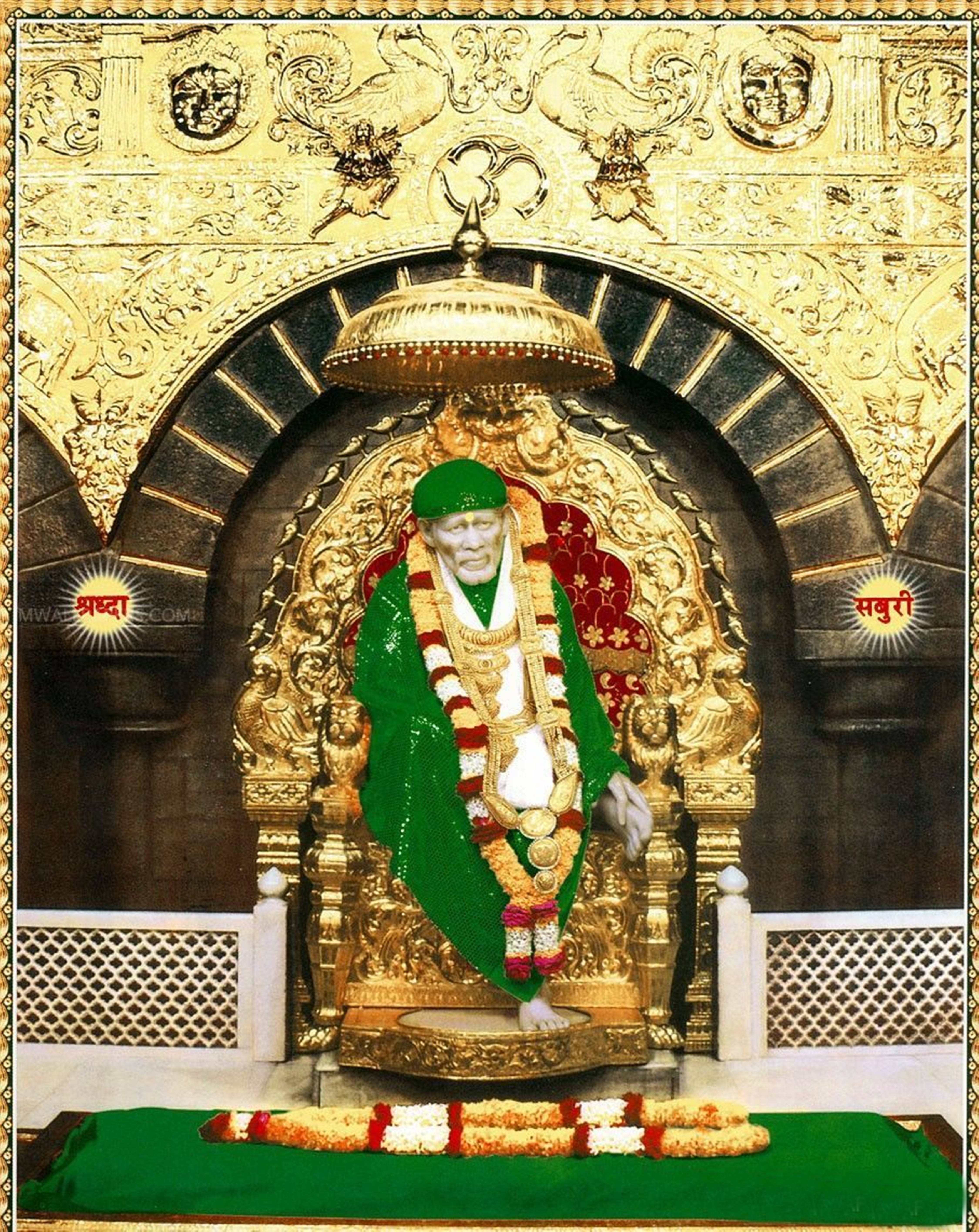 Sai Baba, green kafni robe, golden throne, 5K Phone Wallpaper