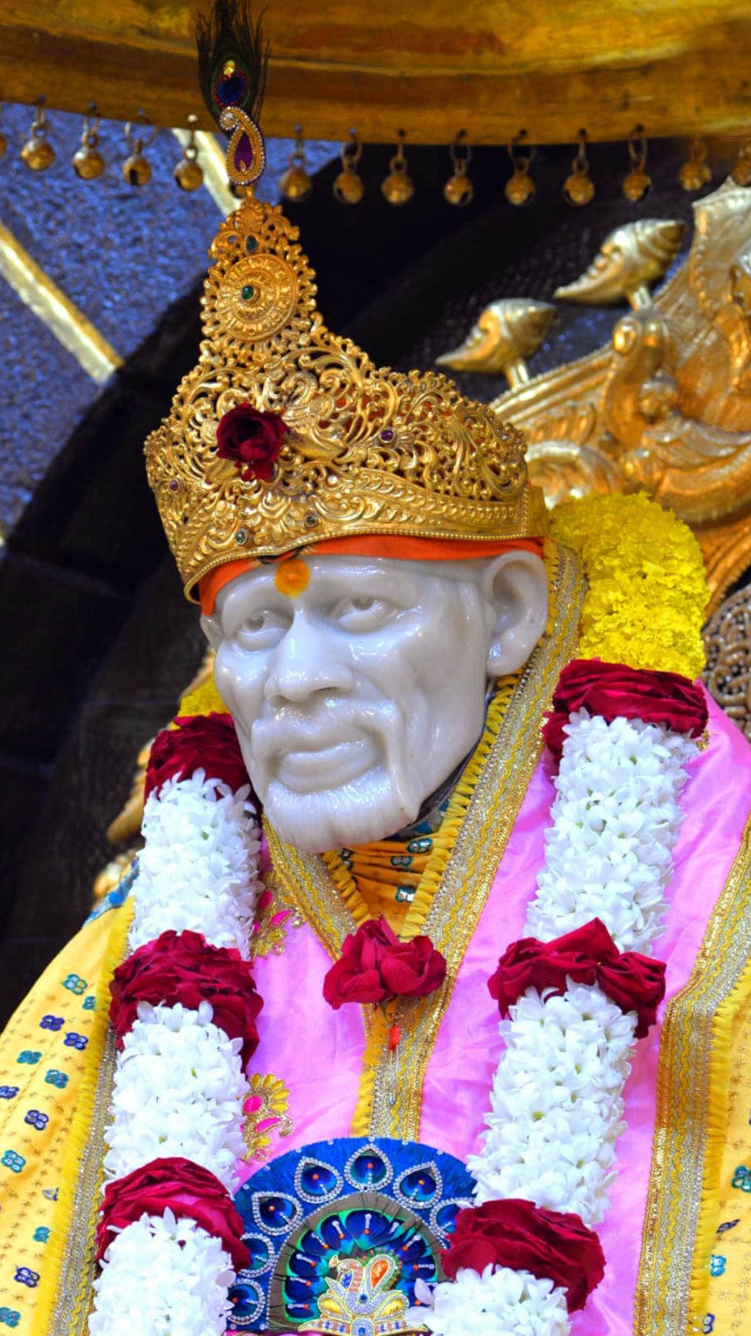 Sai Baba HD, golden crown, vibrant pink yellow and white floral garlands, Full HD Phone Wallpaper