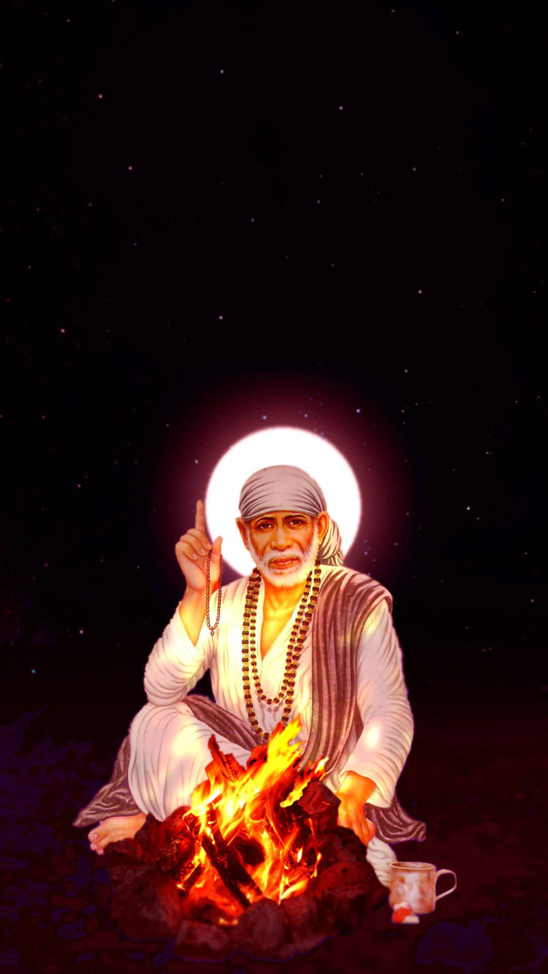 Sai Baba HD, glowing halo, campfire, Full HD Phone Wallpaper