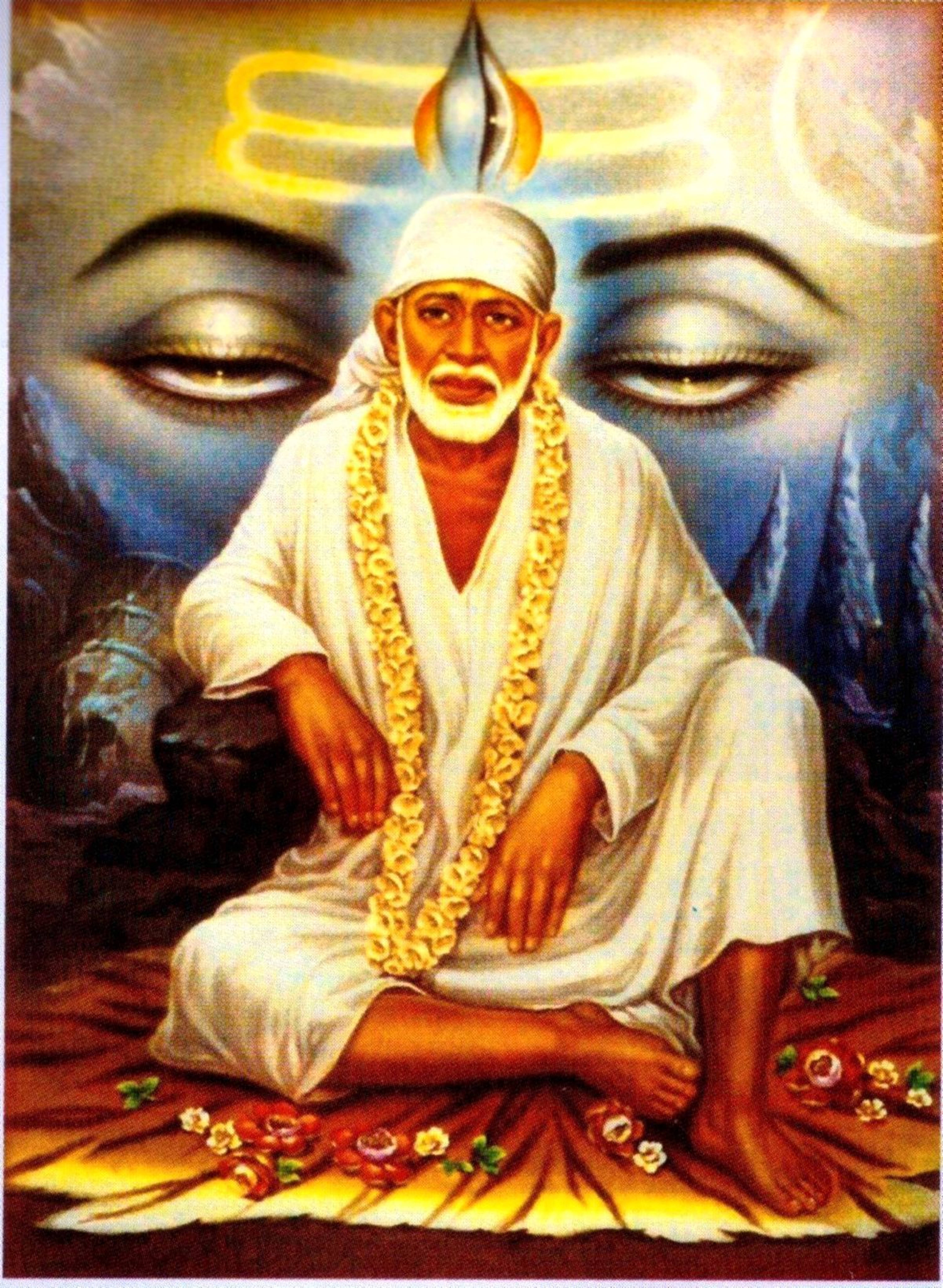 Sai Baba, white robes, golden garland, 5K Phone Wallpaper
