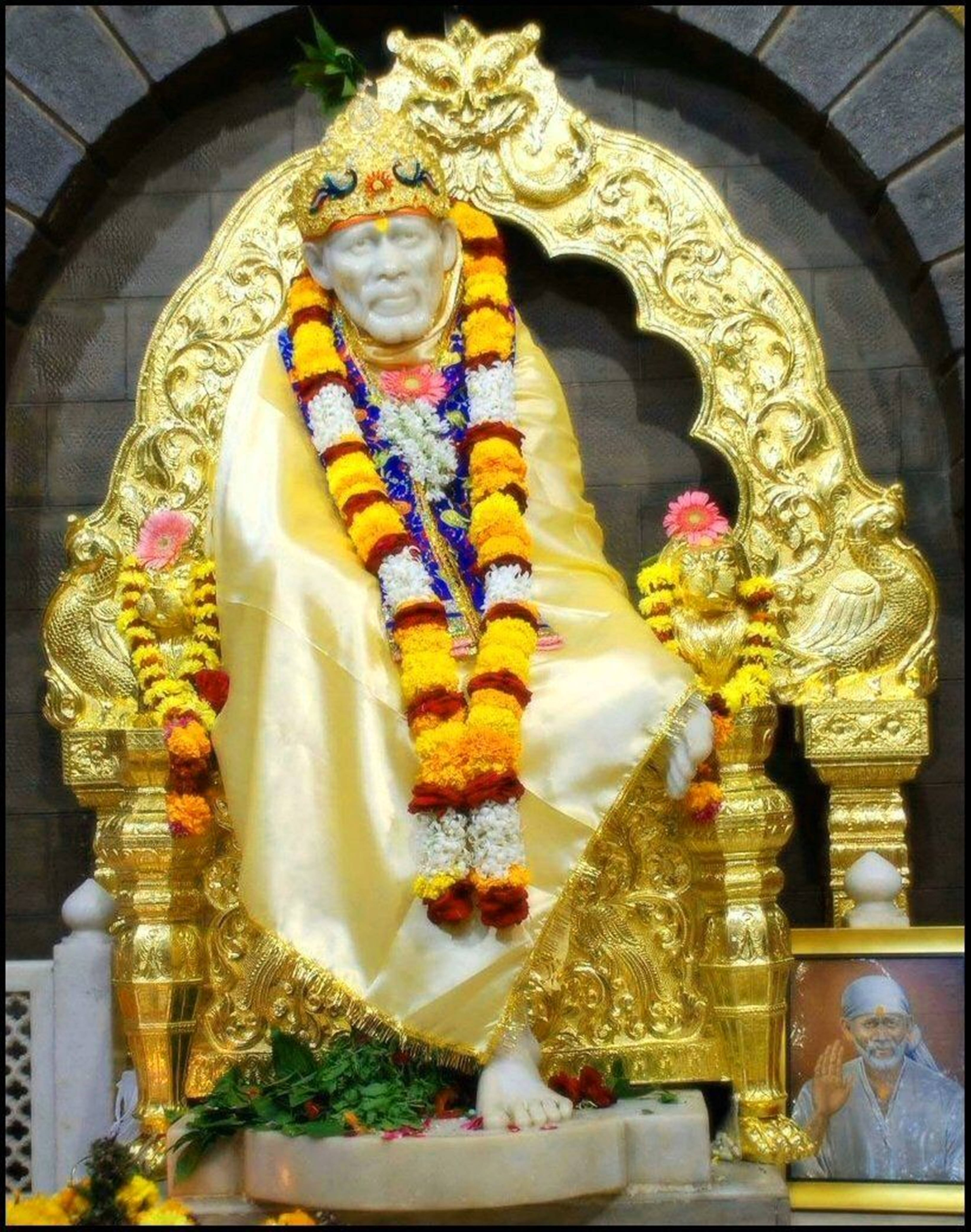 Sai Baba, golden kafni, white statue, 5K Phone Wallpaper