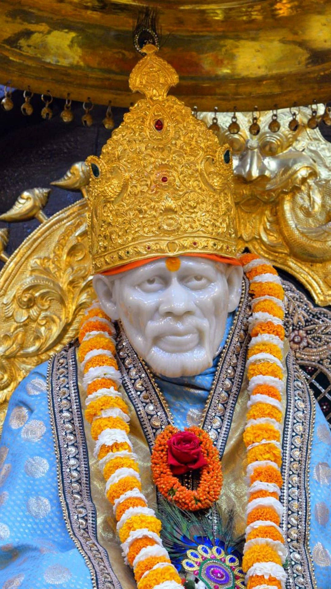 Sai Baba HD, white marble statue, golden crown, Full HD Phone Wallpaper