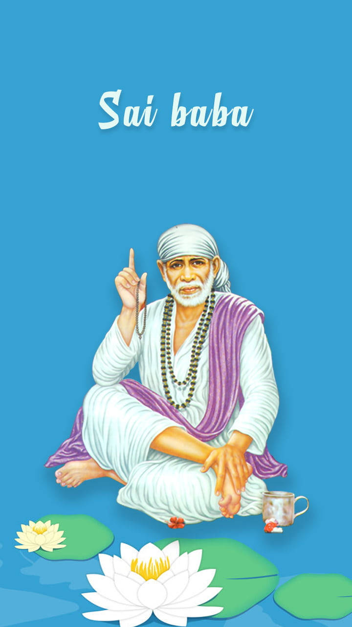 Sai Baba, blue background, white lotuses, HD Phone Wallpaper