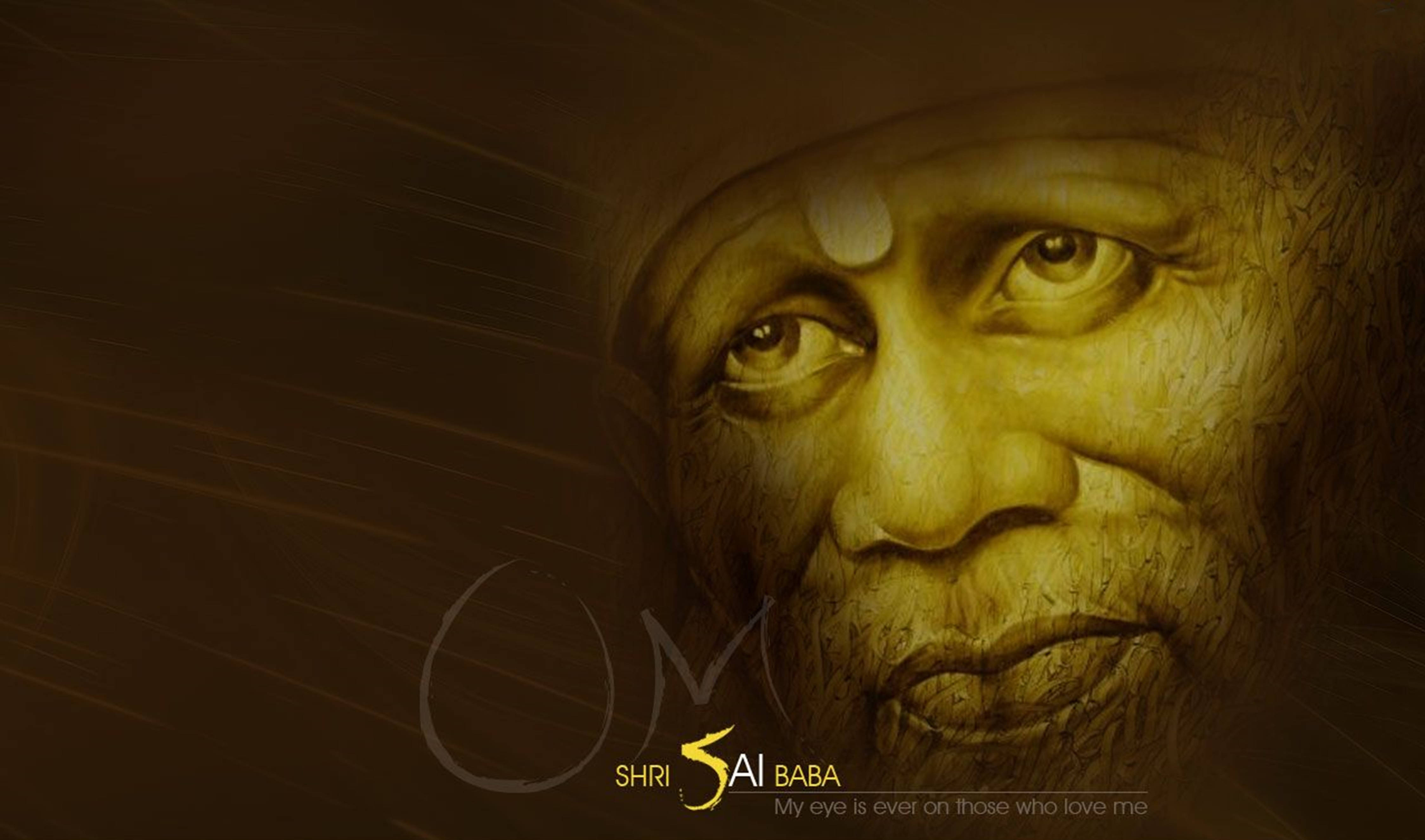 Sai Baba, golden lighting, spiritual text overlay, 4K Desktop Wallpaper