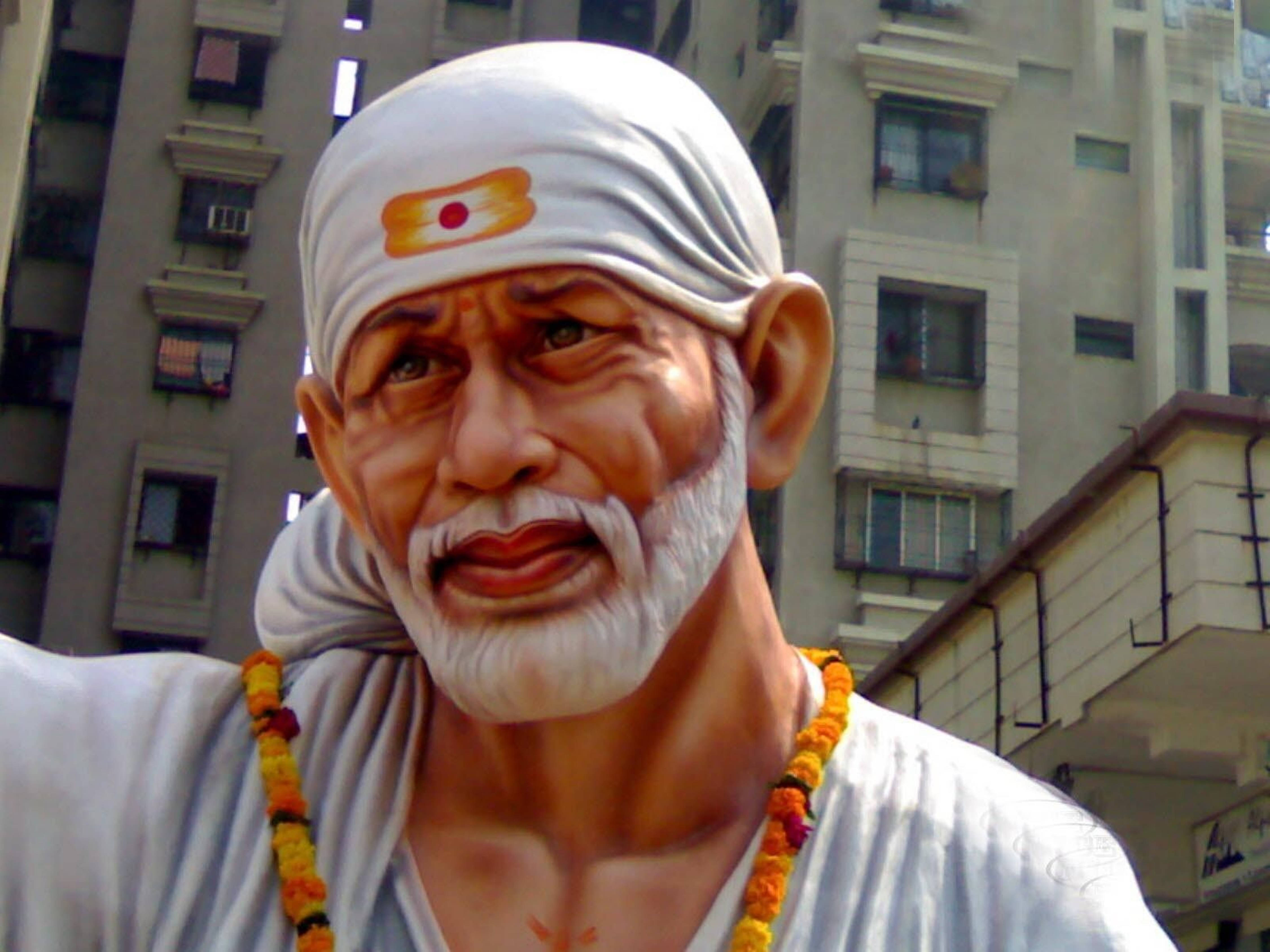 Sai Baba, white turban, orange tilak, 4K Desktop Wallpaper