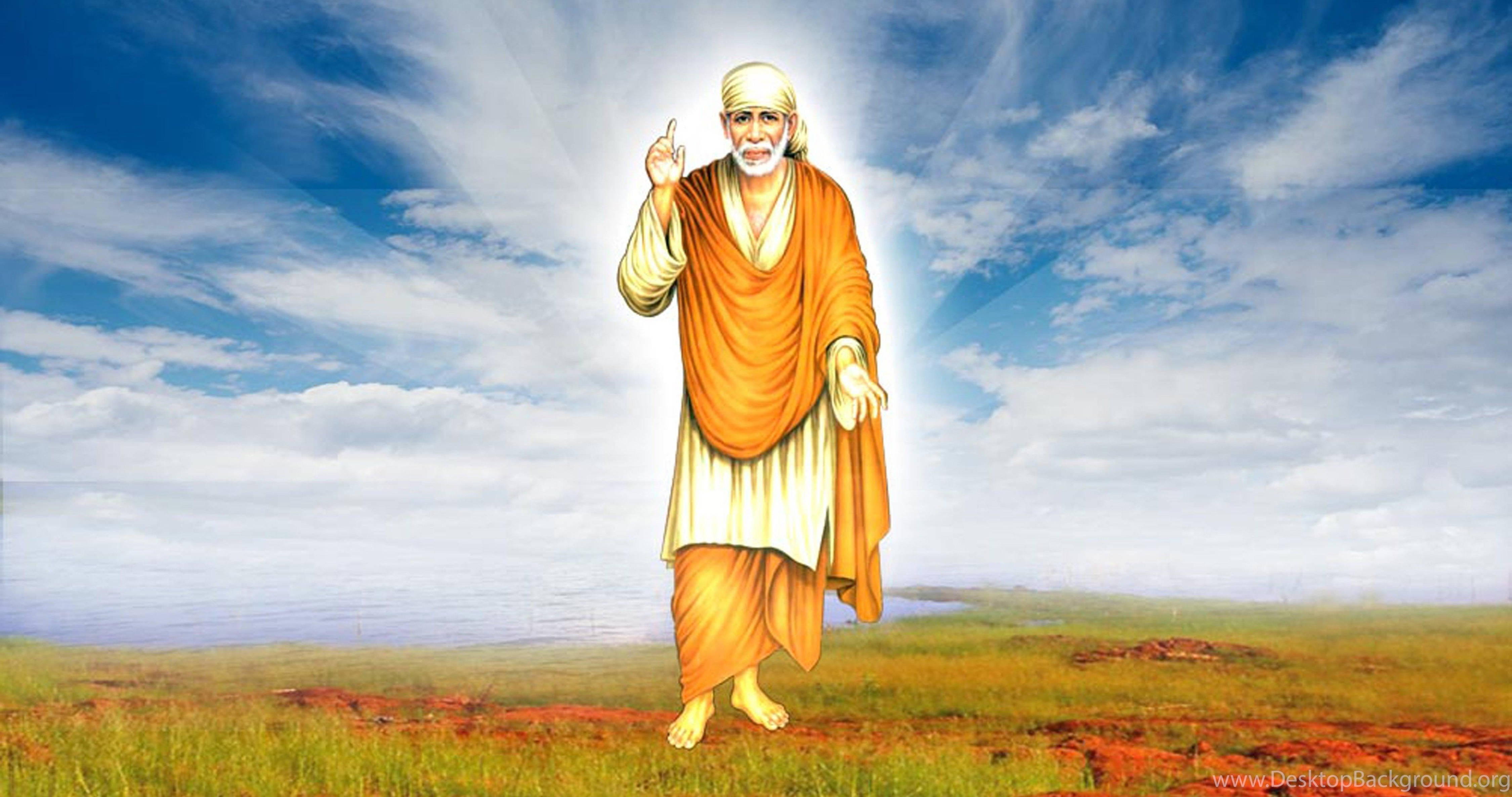 Sai Baba, orange robes, grassy field, 4K Desktop Wallpaper