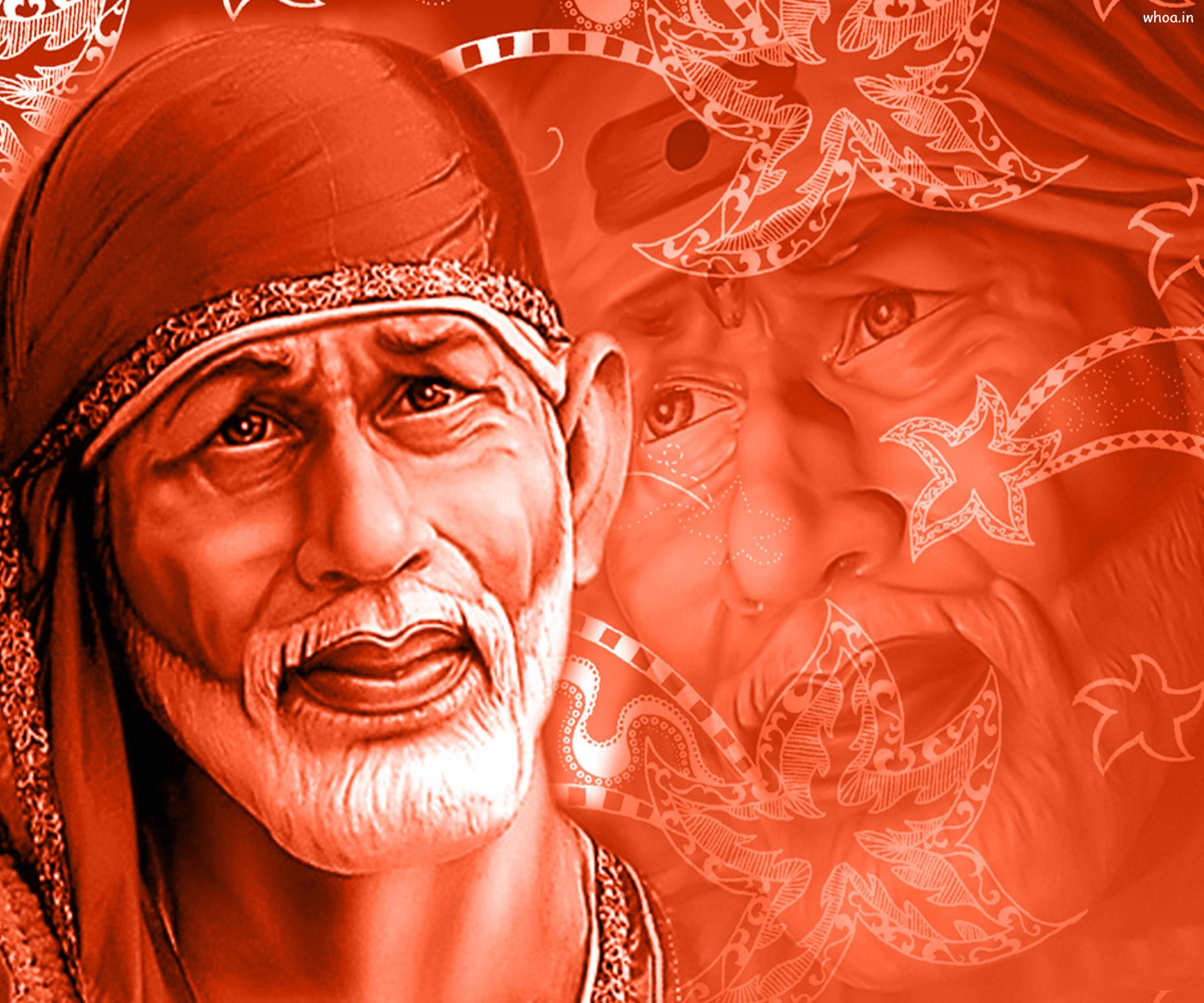 Sai Baba, red-toned, digital portrait, 4K Desktop Wallpaper