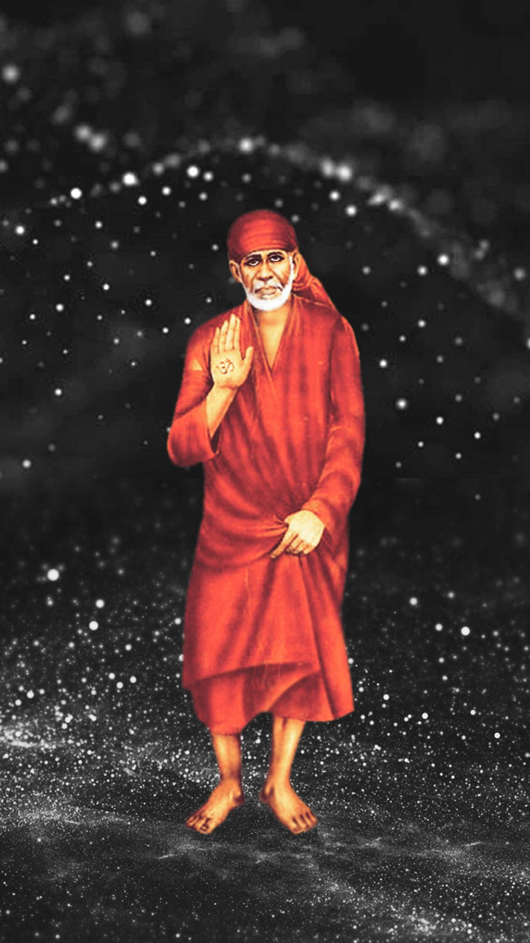 Sai Baba HD, vibrant red robes, starry cosmic ground, Full HD Phone Wallpaper
