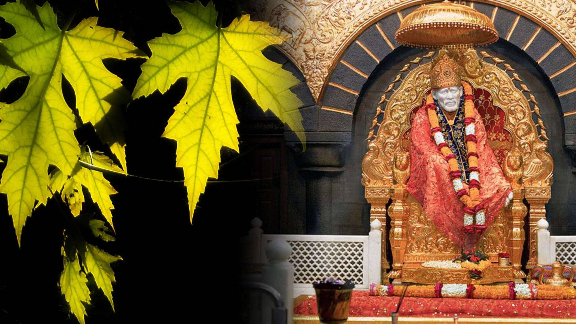 Sai Baba, golden temple idol, red garlands, Full HD Desktop Wallpaper