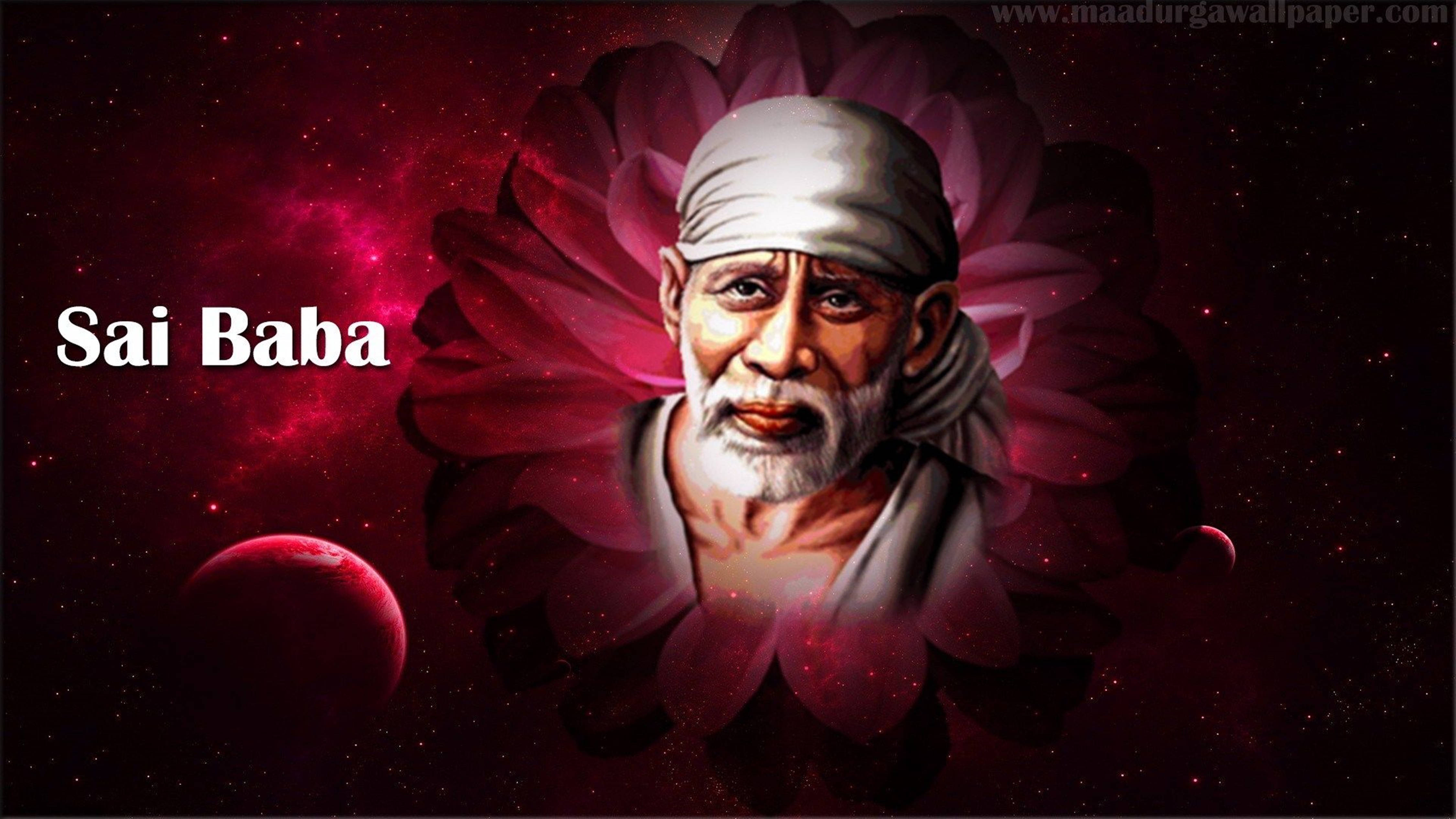 Sai Baba, purple flower, glowing red lotus, 4K Desktop Wallpaper
