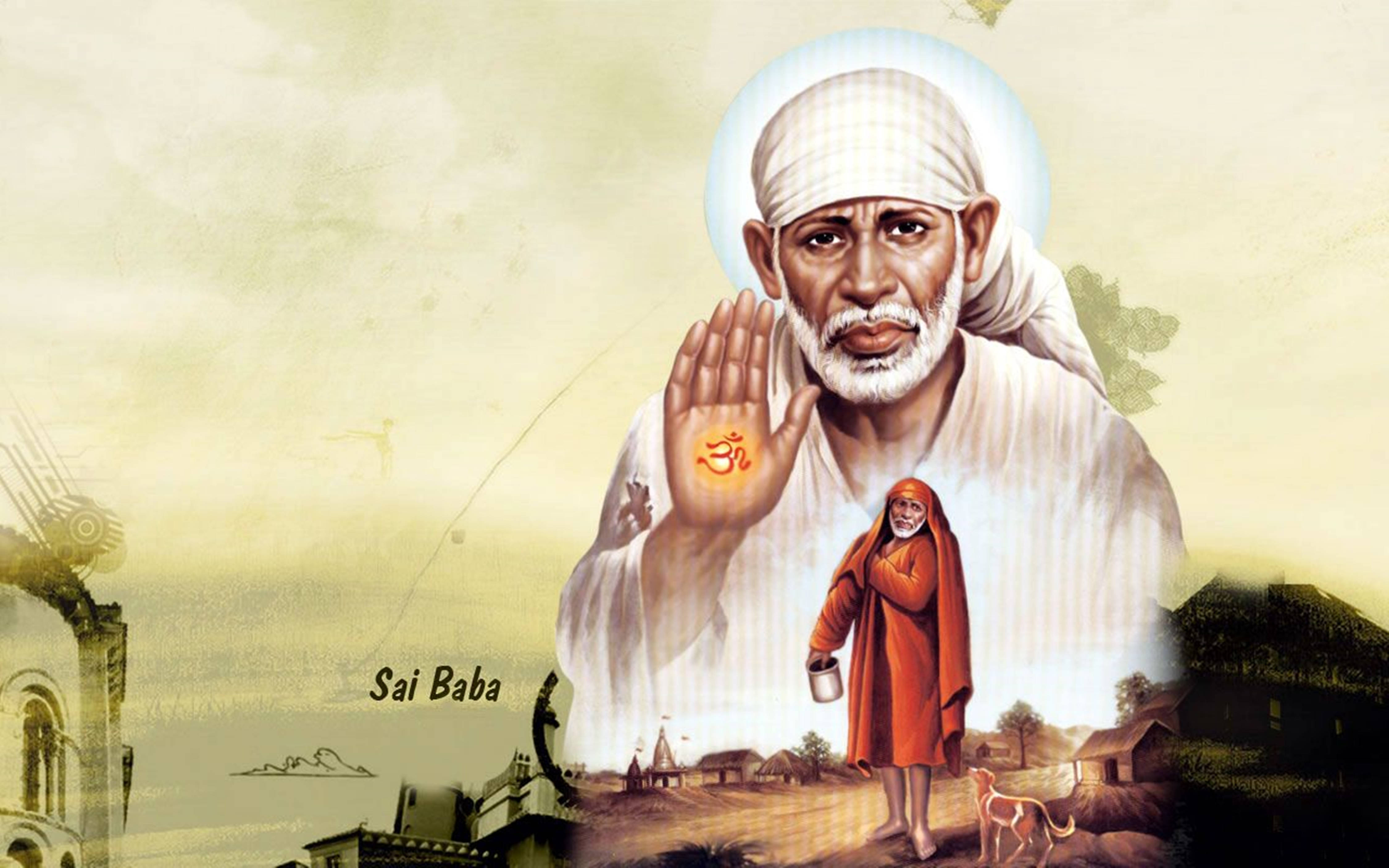 Sai Baba, halo, sacred symbol on palm, 4K Desktop Wallpaper
