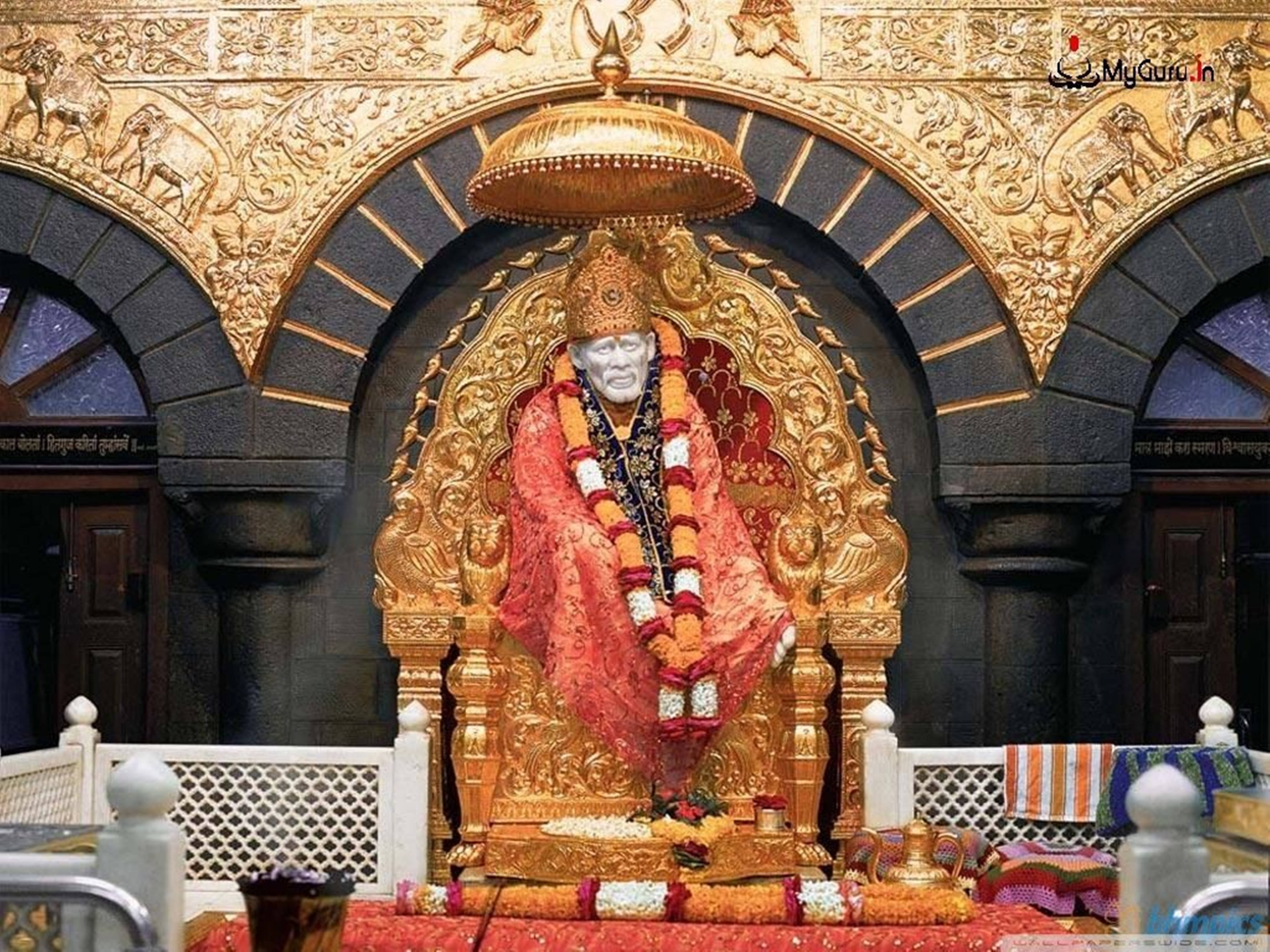 Sai Baba, mosque in Shirdi, white deity statue, 4K Desktop Wallpaper