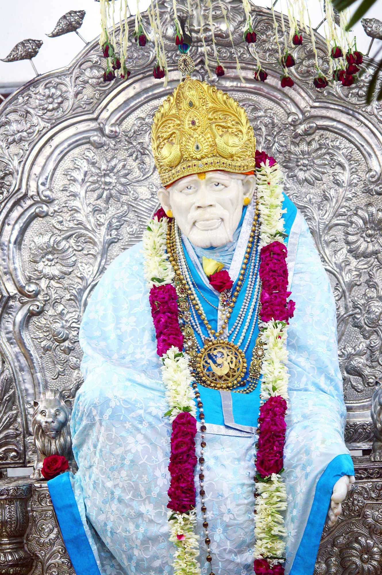 Sai Baba, white statue, gold crown, Full HD Phone Wallpaper