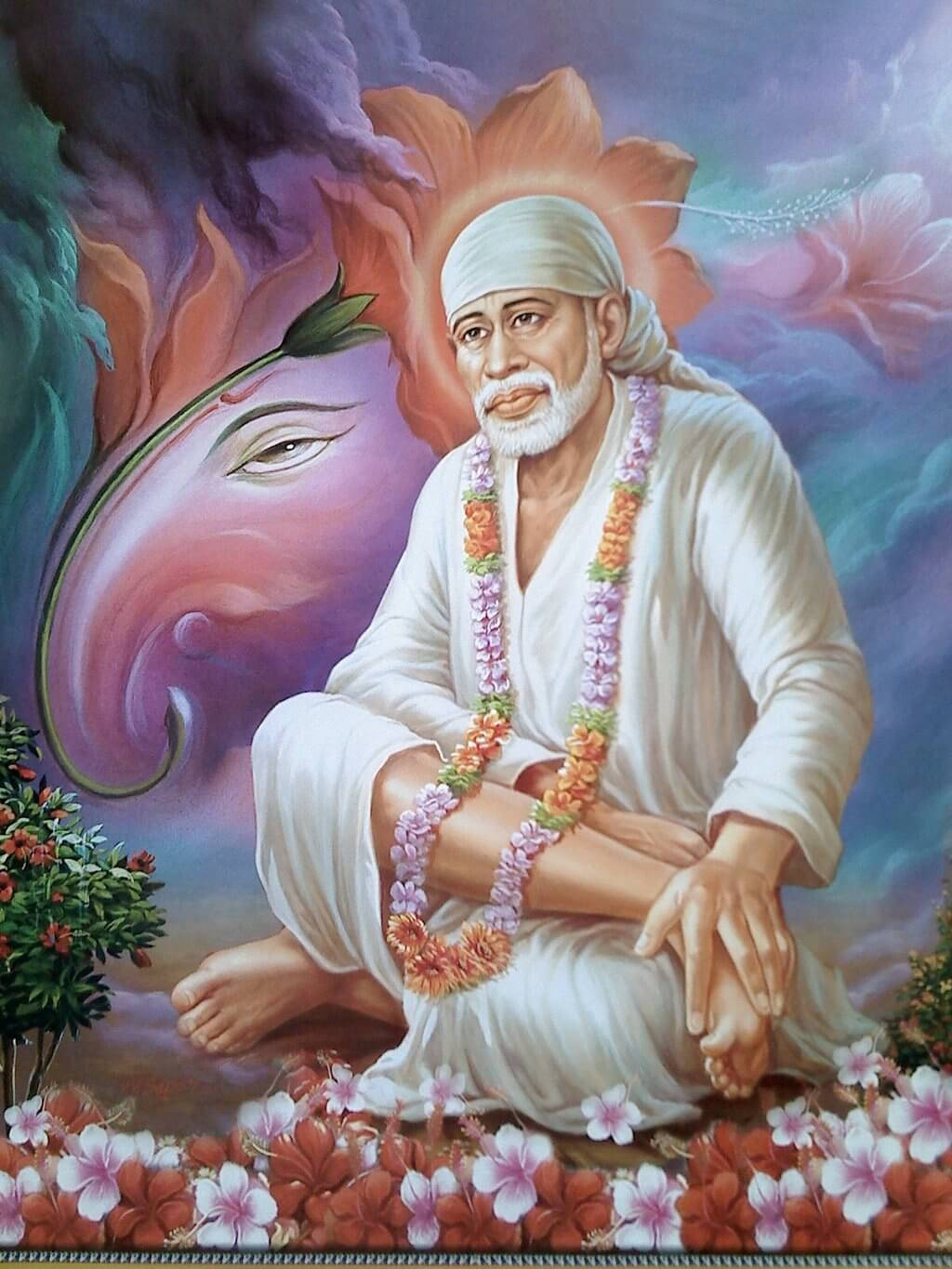 Sai Baba, white robes, vibrant flowers, HD Phone Wallpaper