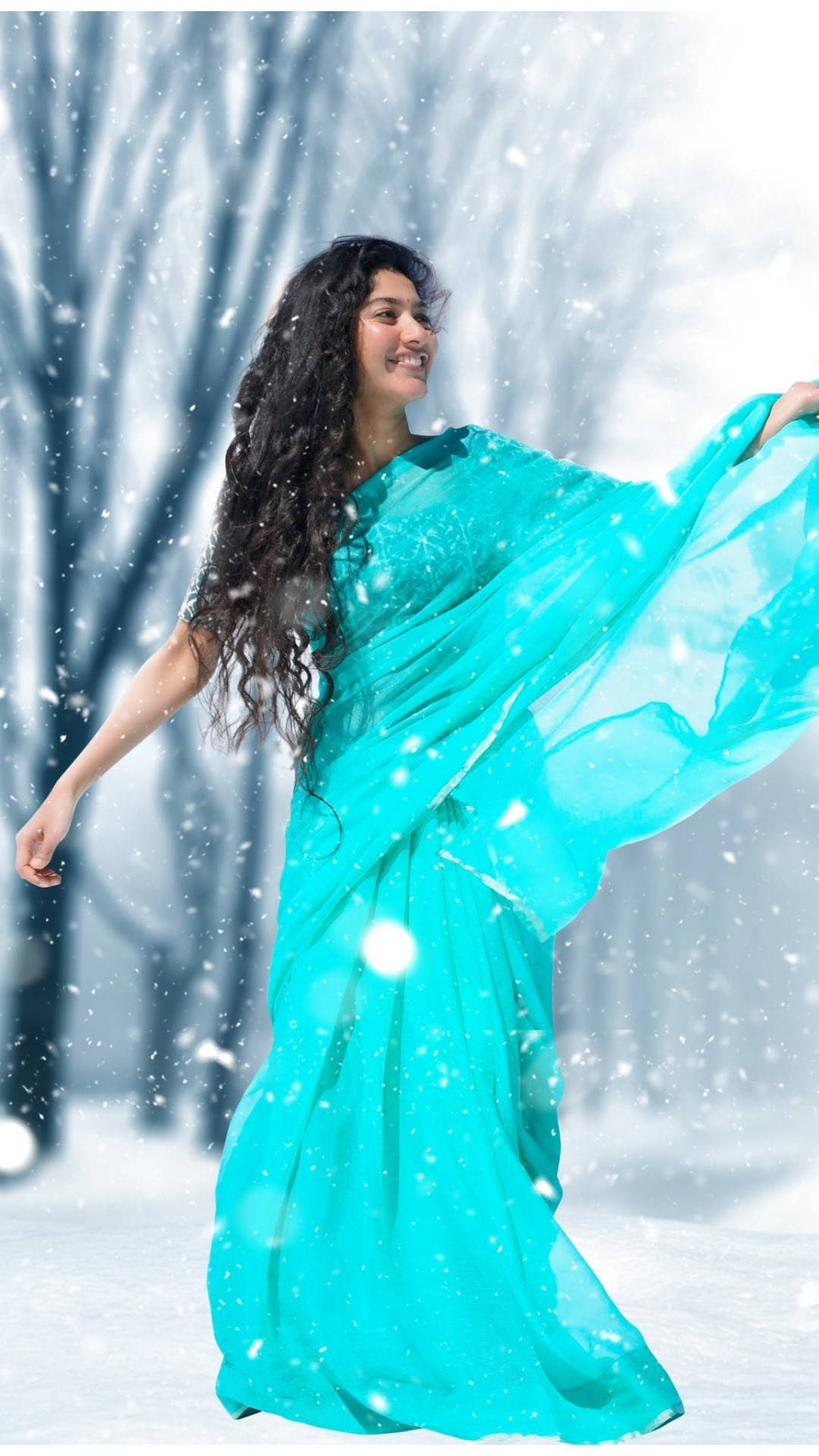 Sai Pallavi, turquoise dress, falling snow, Full HD Phone Wallpaper