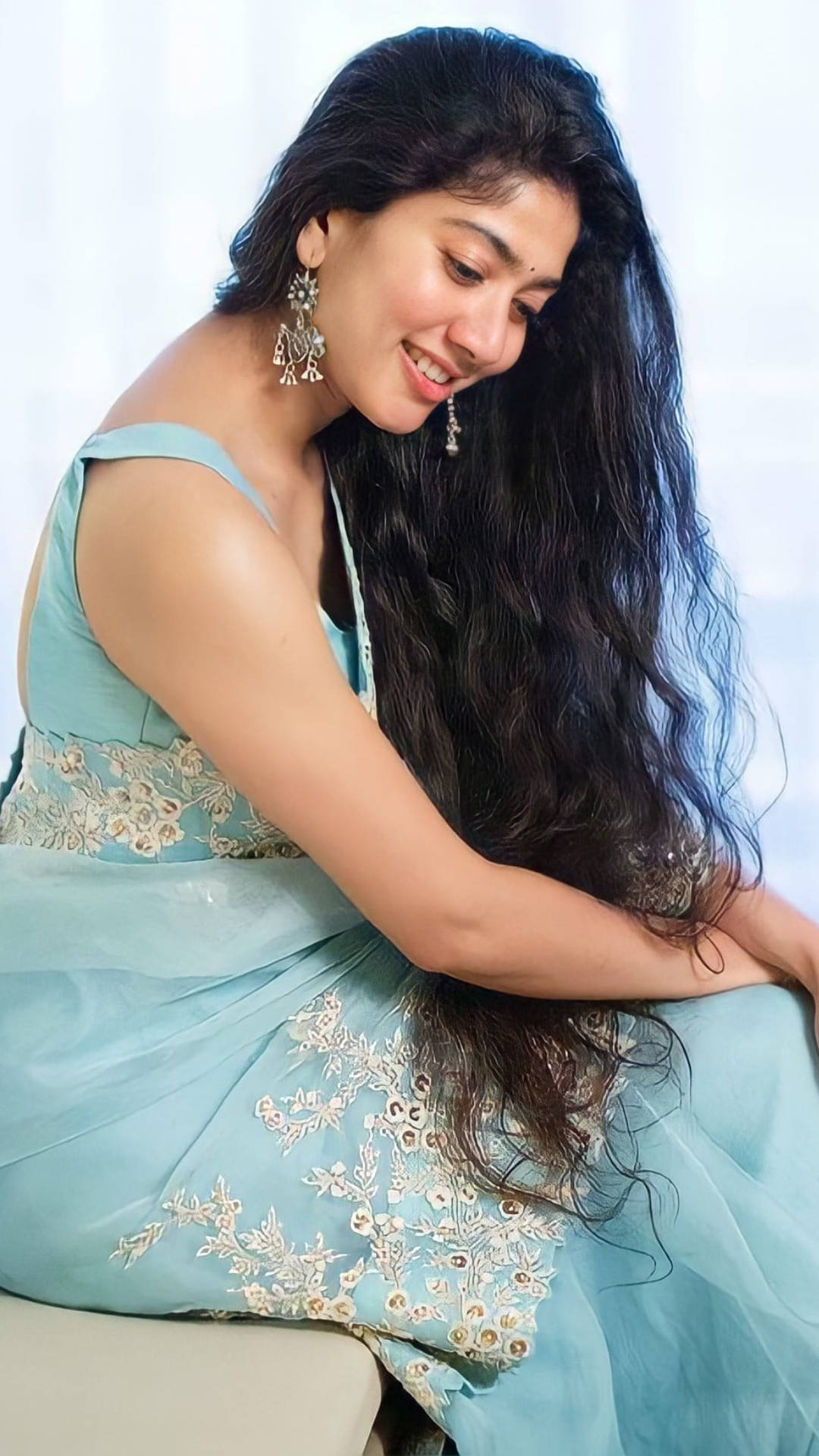 Sai Pallavi, light blue embroidered dress, long dark hair, Full HD Phone Wallpaper