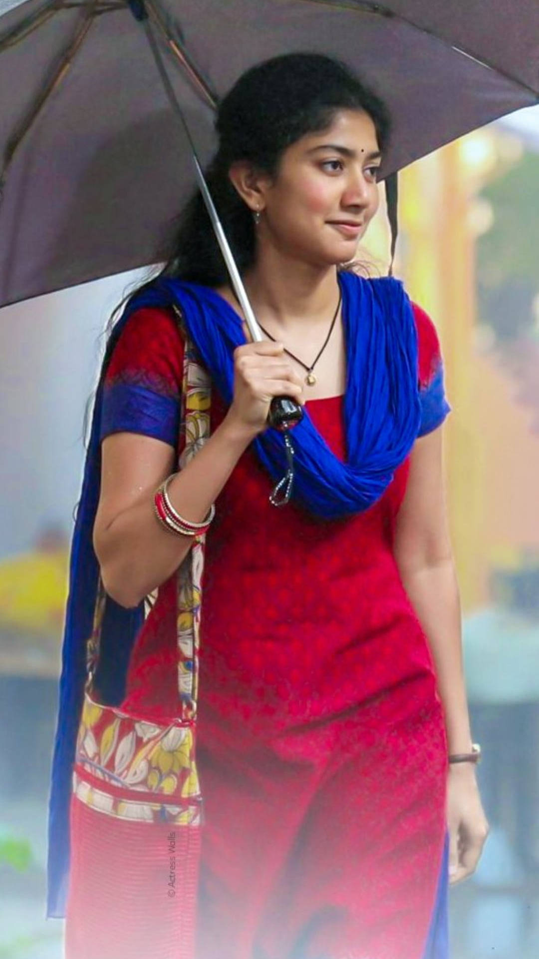 Sai Pallavi, red sari, blue scarf, Full HD Phone Wallpaper