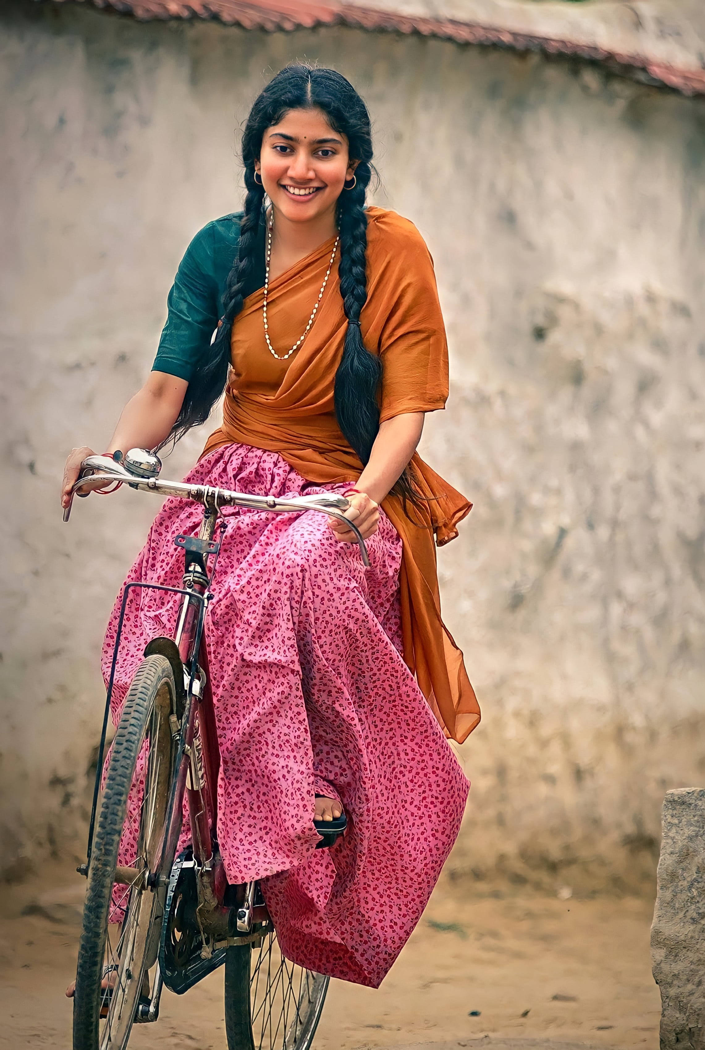 Sai Pallavi, bicycle, long braids, 2K Phone Wallpaper