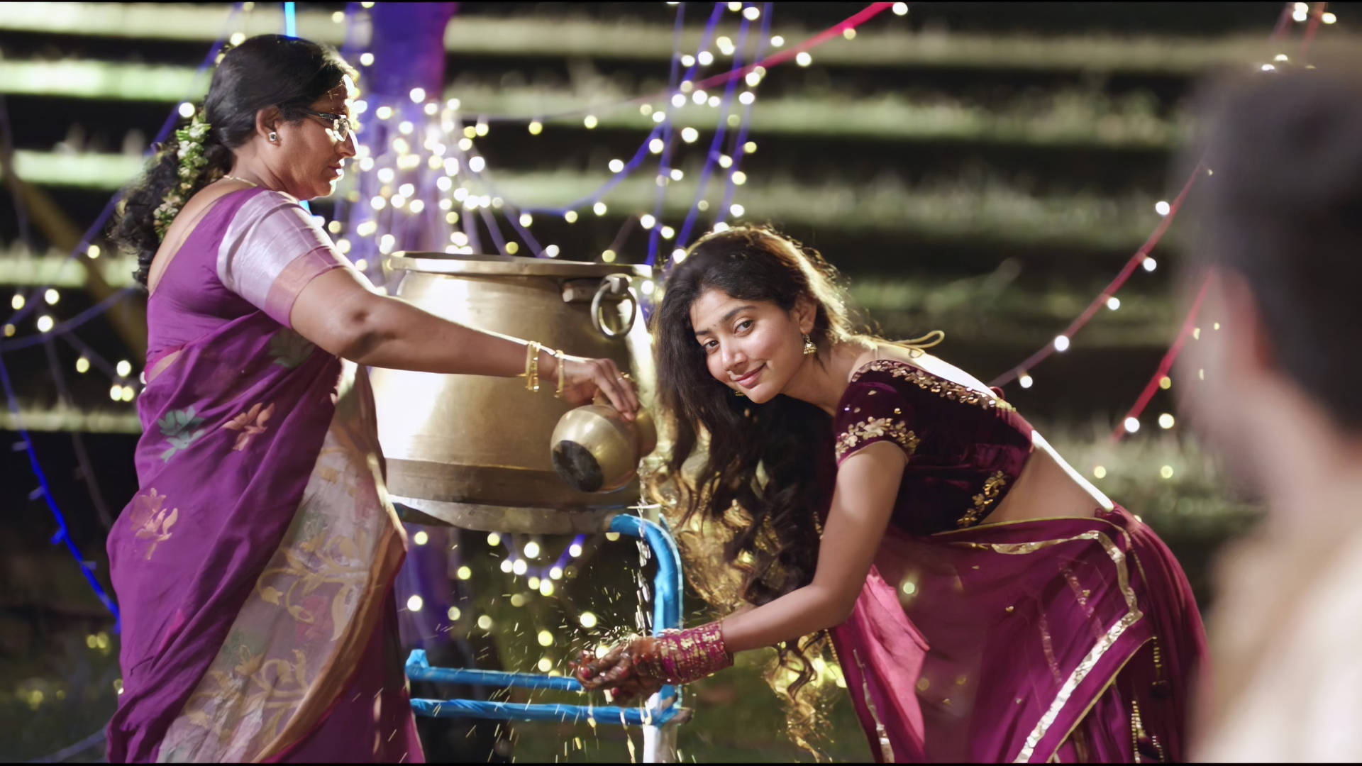 Sai Pallavi, purple sari, brass pot, Full HD Desktop Wallpaper