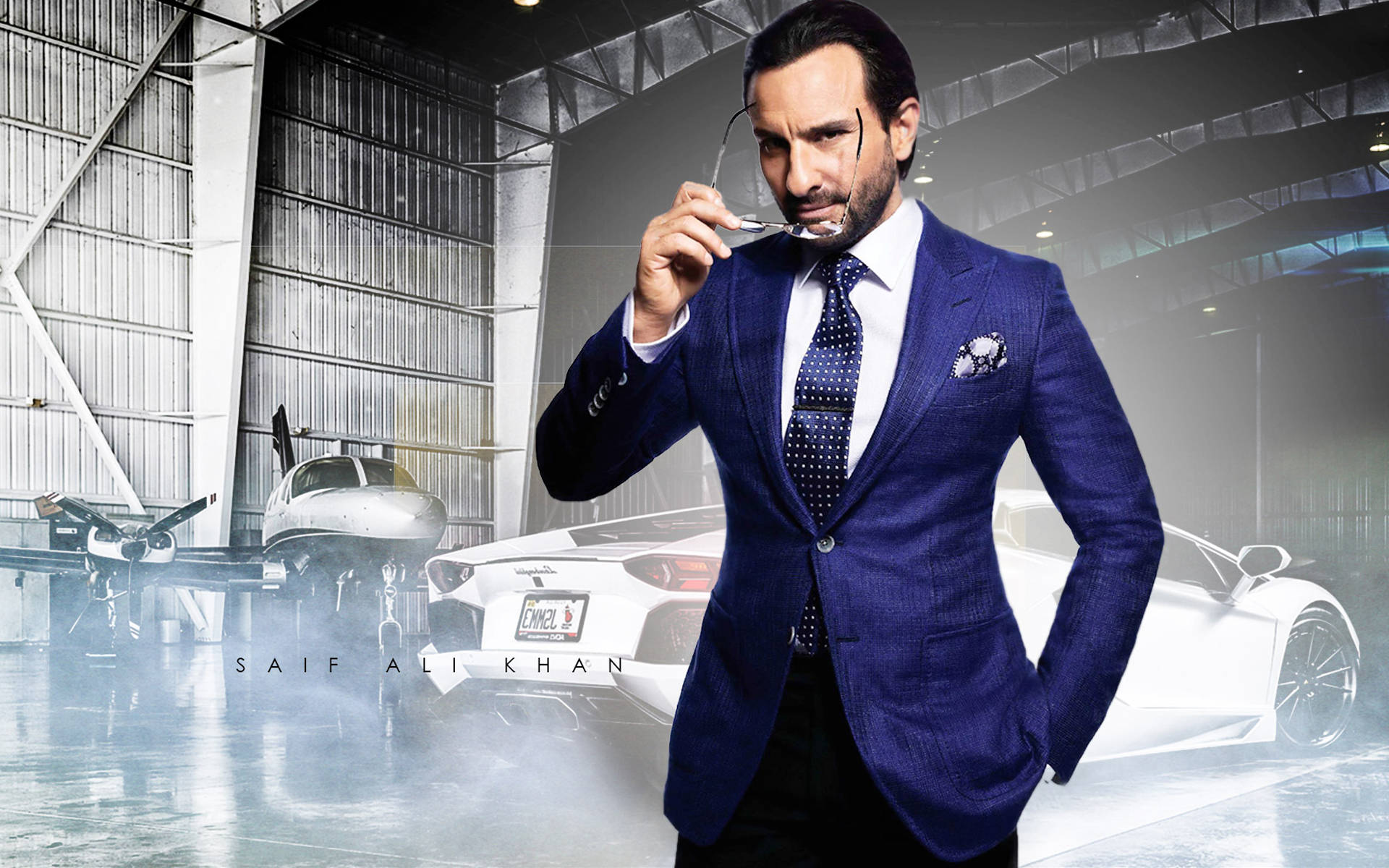 Saif Ali Khan, blue suit, misty hangar, Full HD Desktop Wallpaper
