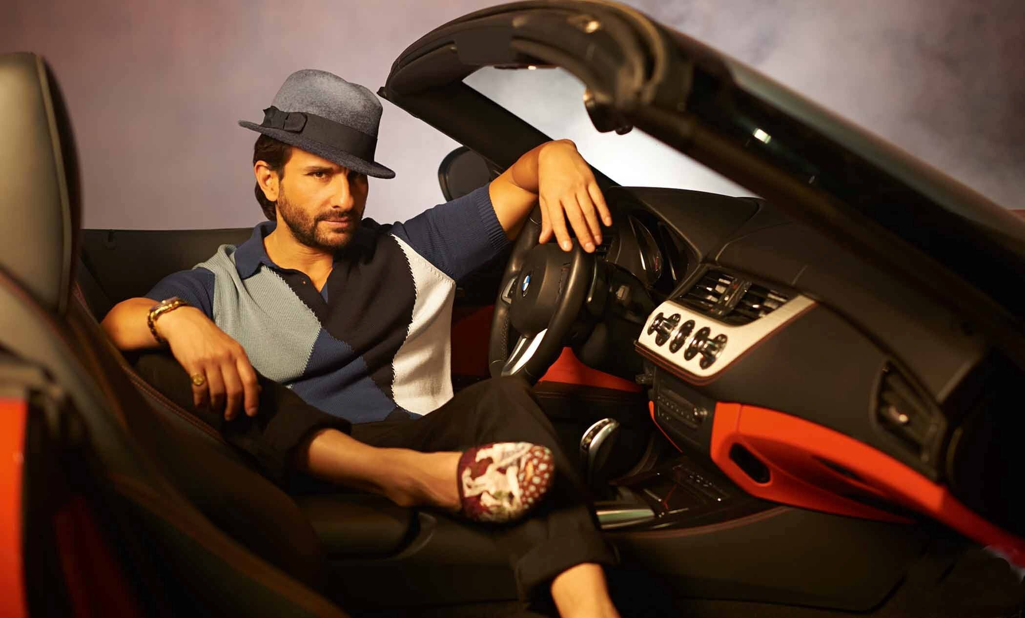 Saif Ali Khan, sleek black and orange convertible sports car, fedora, Full HD Desktop Wallpaper