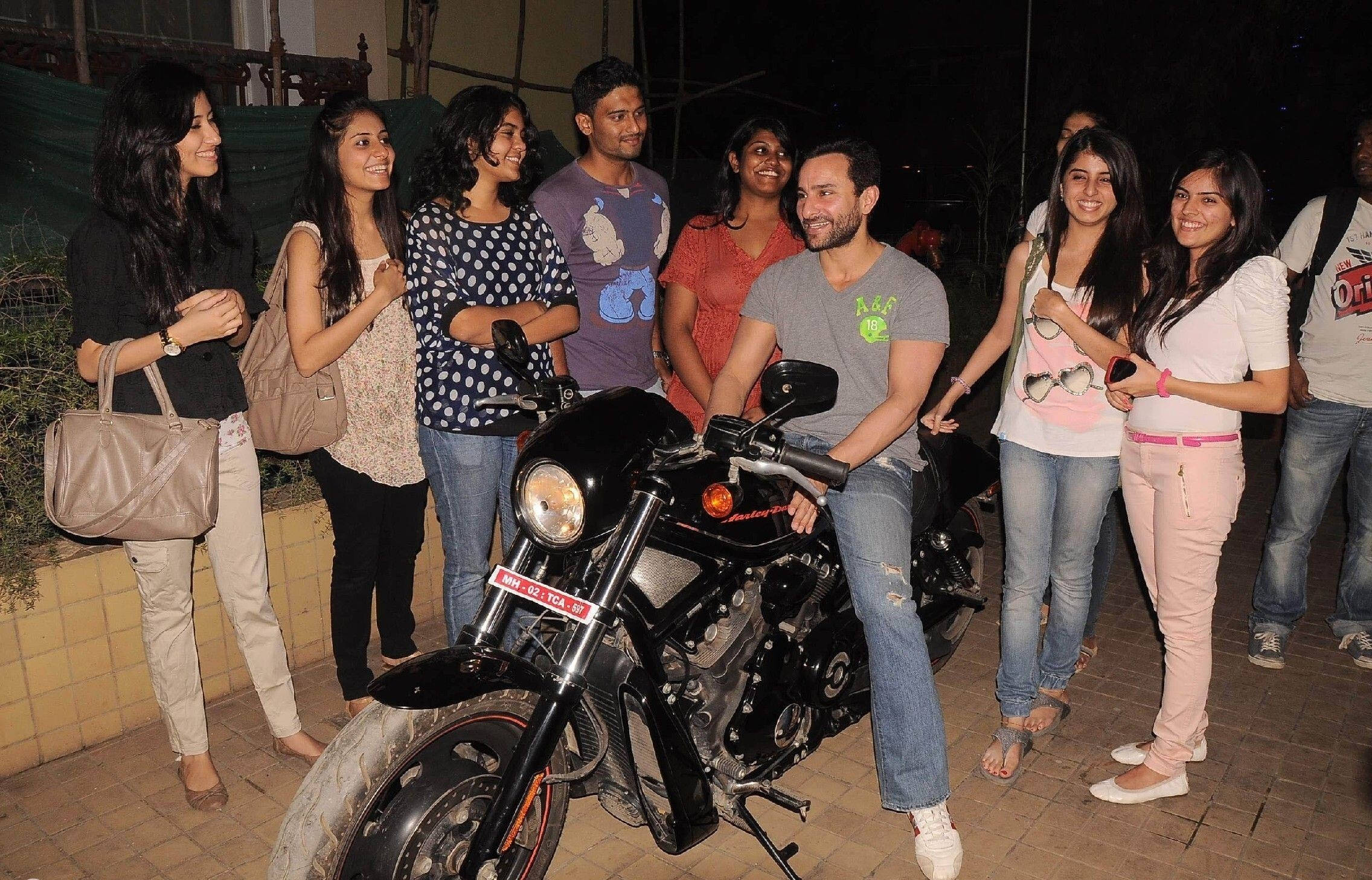Saif Ali Khan, black motorcycle, night, Full HD Desktop Wallpaper