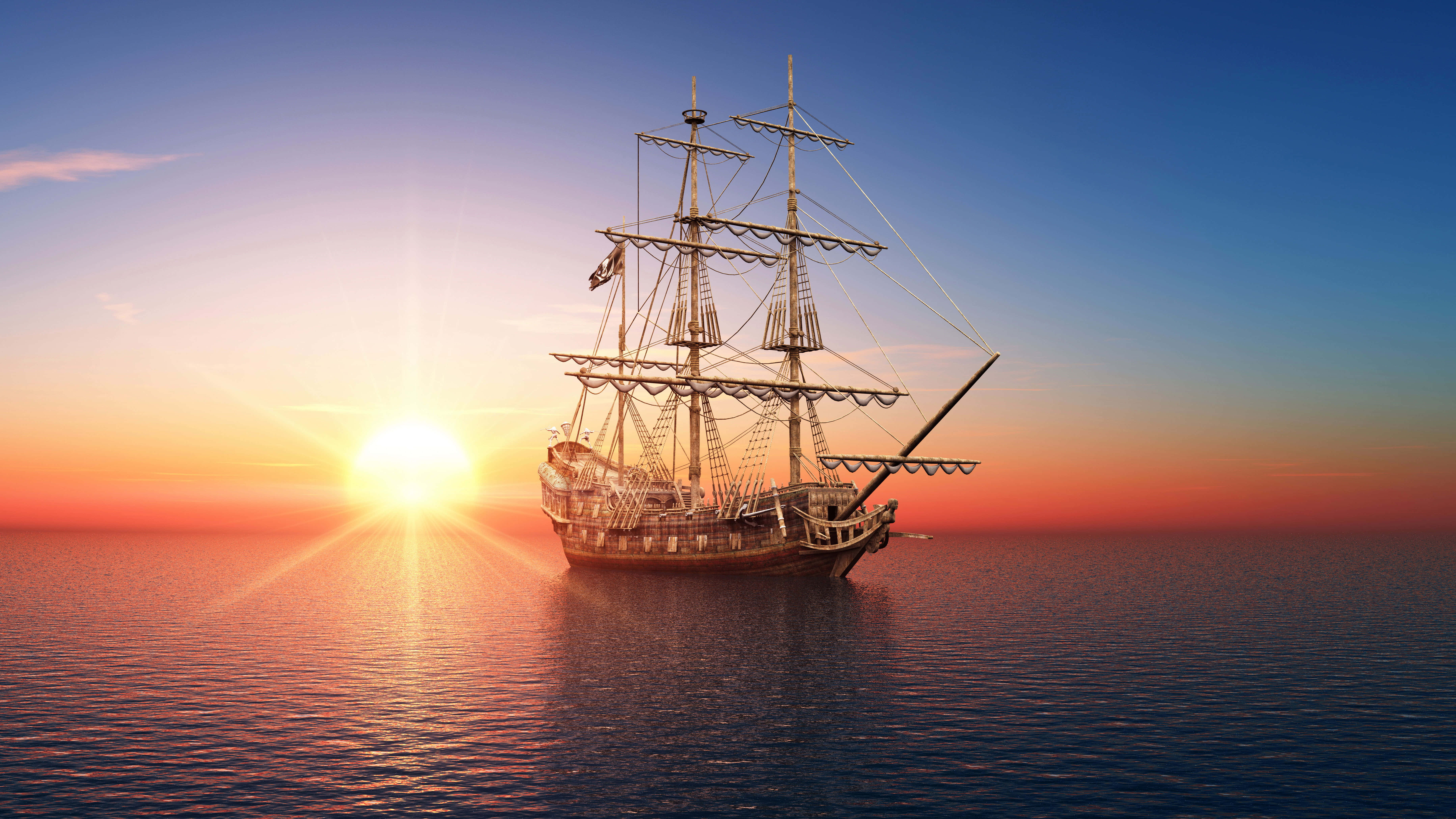 tall ship, sunset, orange, 5K Desktop Wallpaper