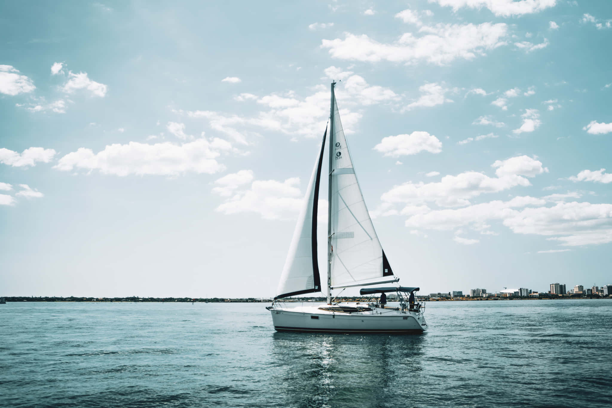 serene sailing at sunset, white sailboat, calm blue waters, Full HD Desktop Wallpaper