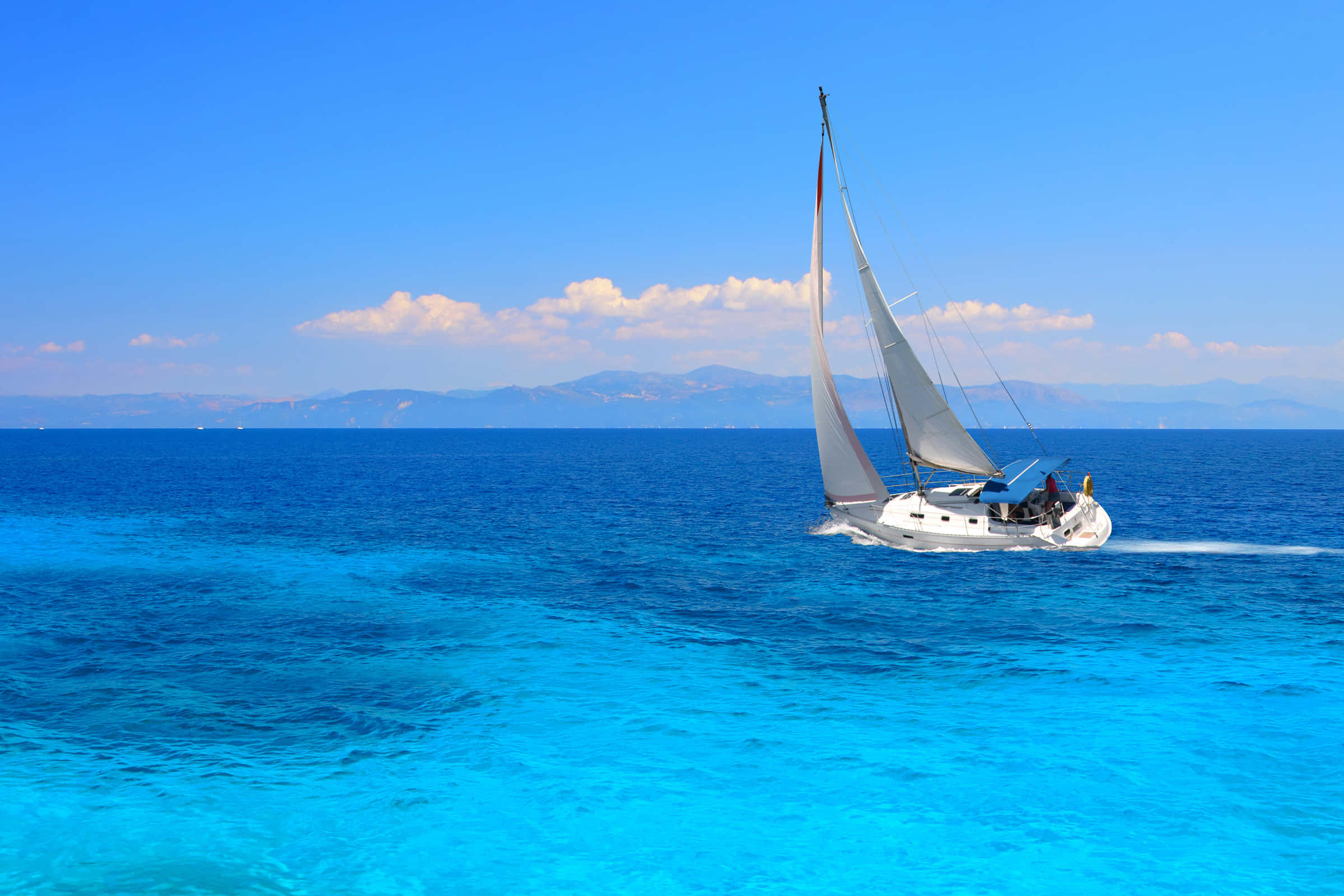 white sailboat, crystal clear turquoise waters, bright blue sky, Full HD Desktop Wallpaper