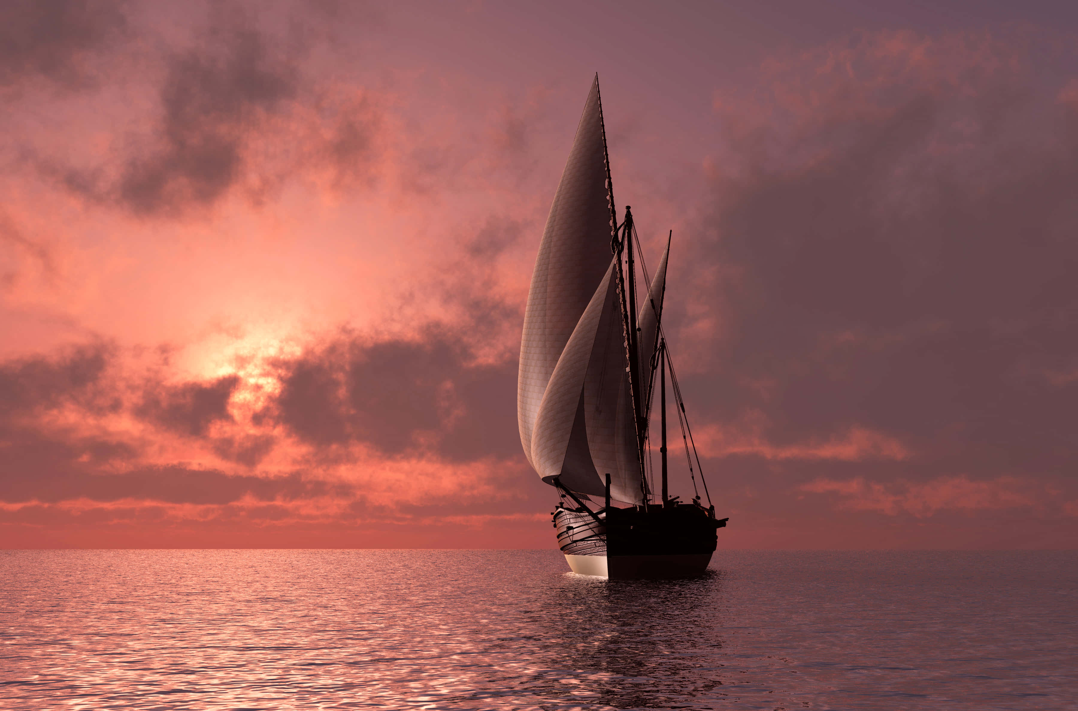 majestic sailboat, crystal clear waters, fiery sunset sky, 2K Desktop Wallpaper
