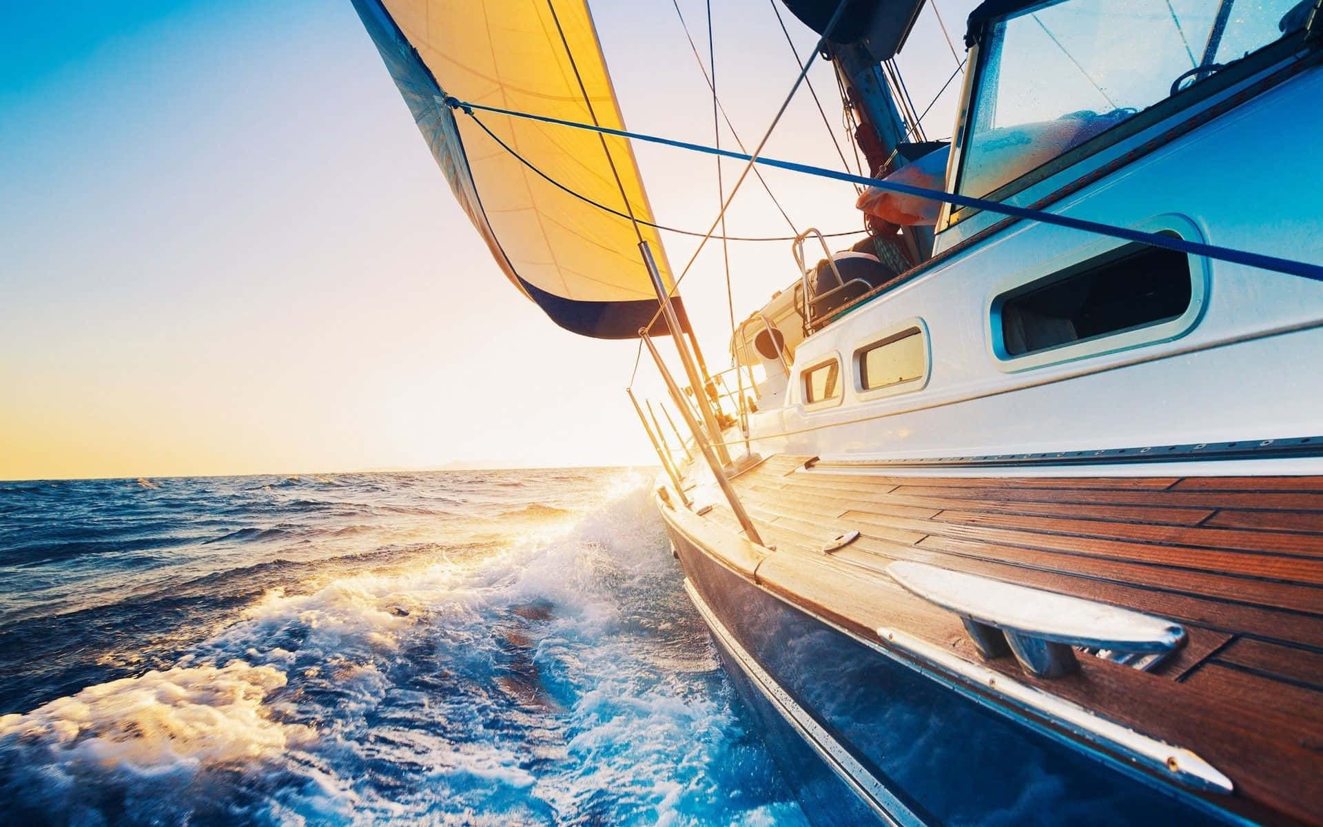 sailboat, yellow sail, sparkling blue water, Full HD Desktop Wallpaper