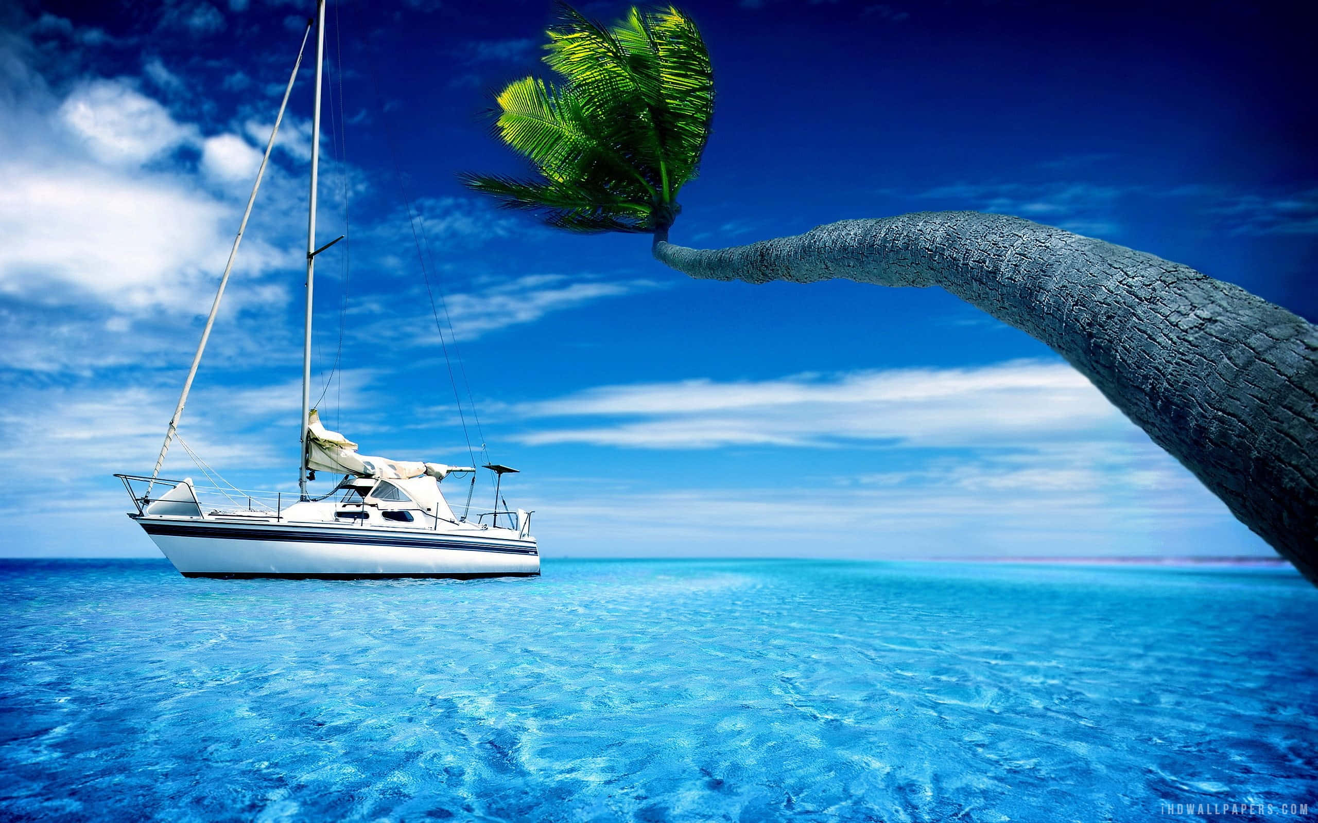 white sailboat, crystal clear turquoise water, vibrant blue sky, 2K Desktop Wallpaper