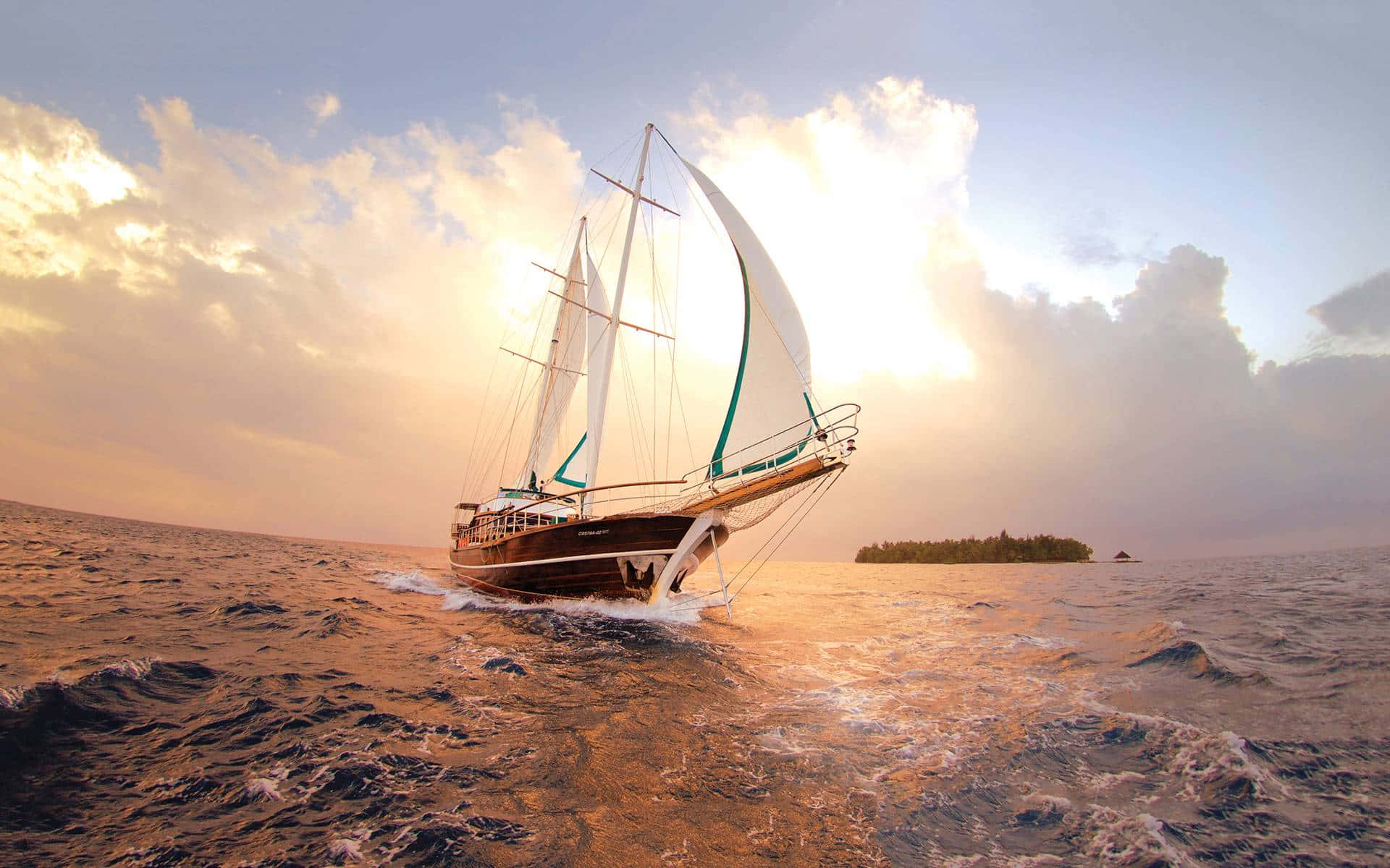 classic wooden sailboat, golden sunset waters, white sails, Full HD Desktop Wallpaper