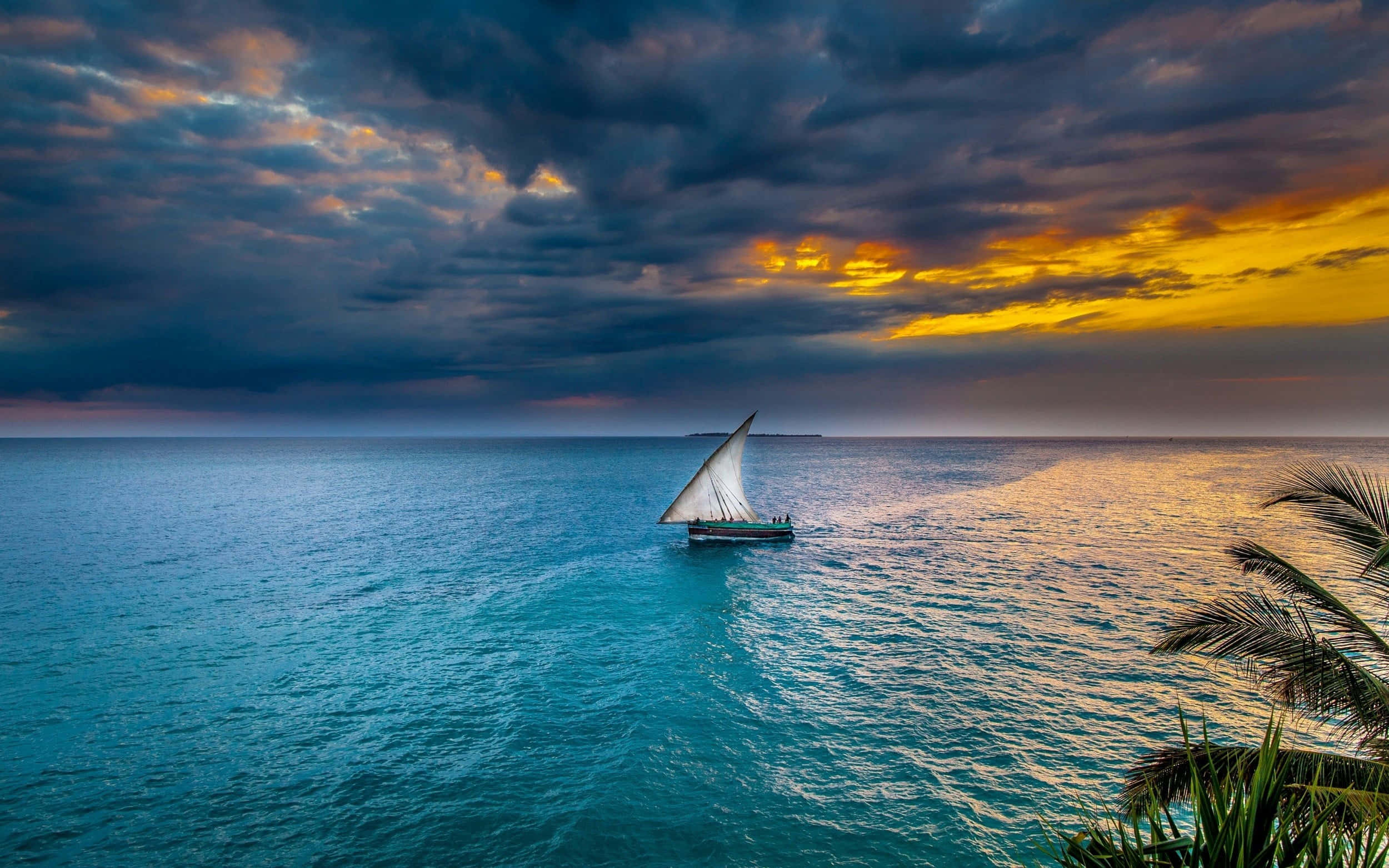 serene sailboat, turquoise waters, dramatic sunset sky, Full HD Desktop Wallpaper