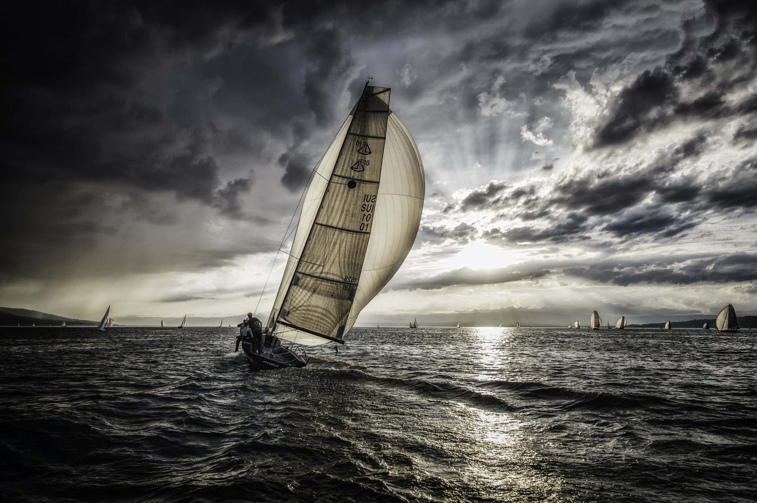 sailboat, sunset, stormy sky, Full HD Desktop Wallpaper